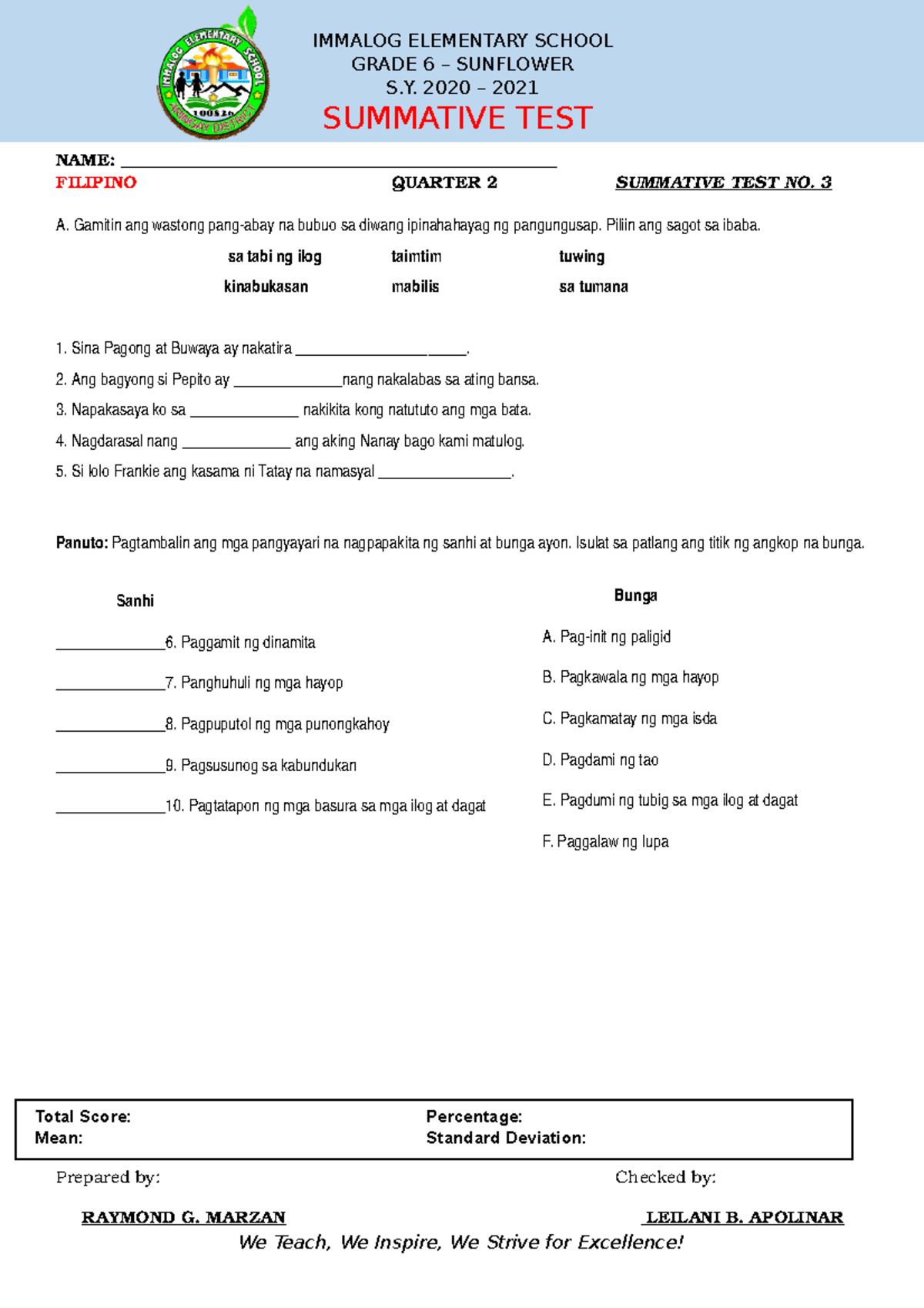 Filipino 6 Summative Test No. 3 - Quarter 2 Analysis and Assessment ...