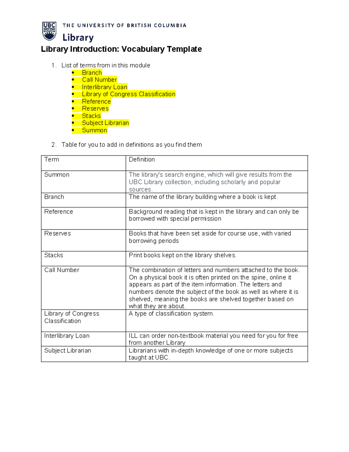 Library Introduction Vocabulary Template-1 - List of terms from in this ...