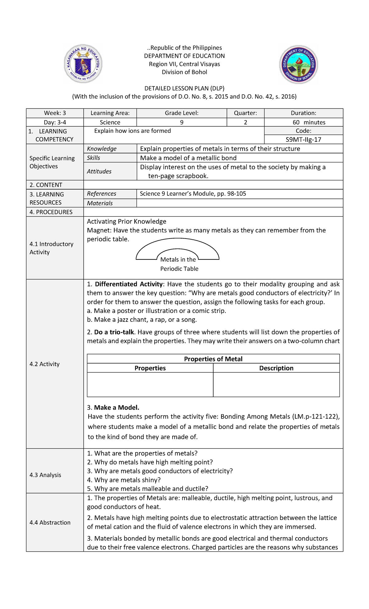 Detailed Lesson Plan for Science 9: Properties of Metals (PLP SCI9 Q2 ...