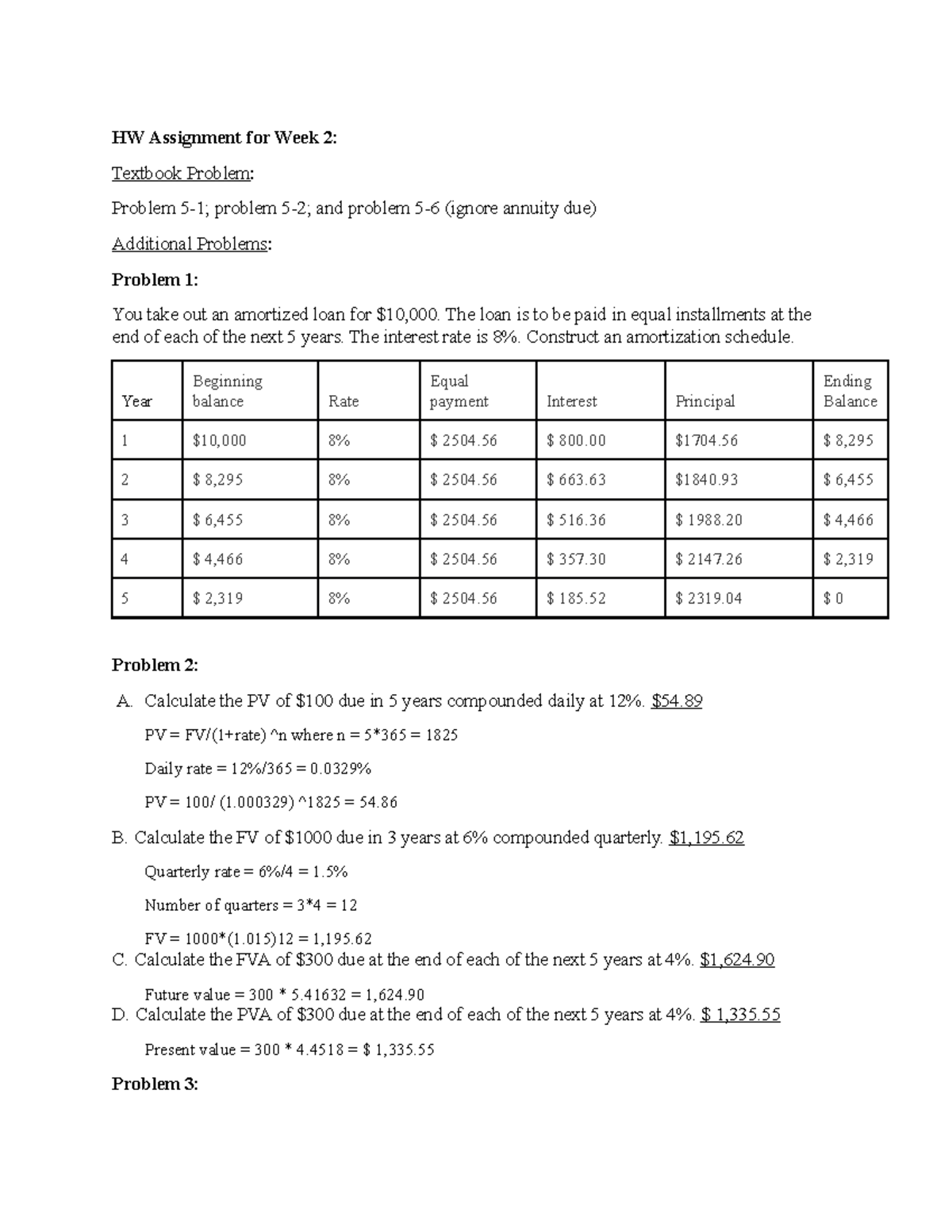HW- Week 2 - Amortization & Present Value Problems - Studocu
