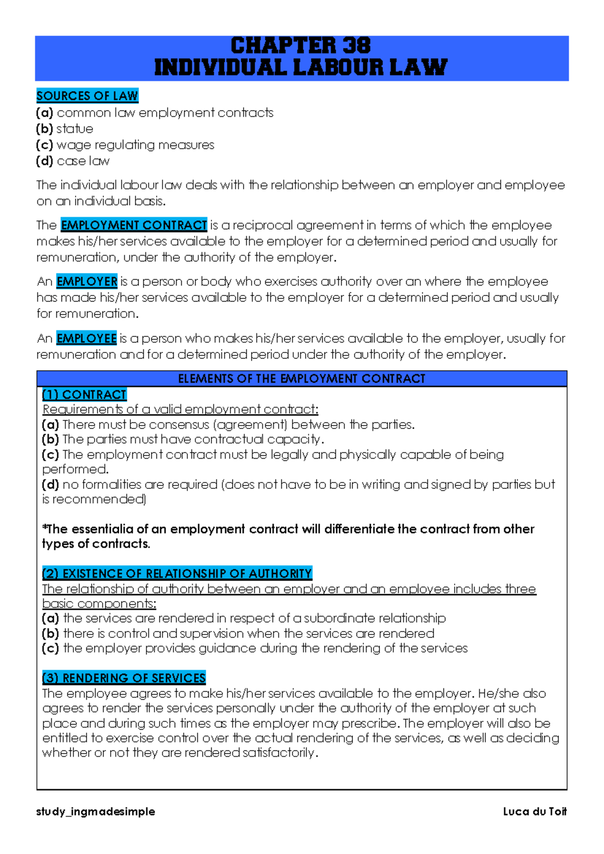 Chapter 38: Individual Labour Law - Sources and Key Concepts - Studocu