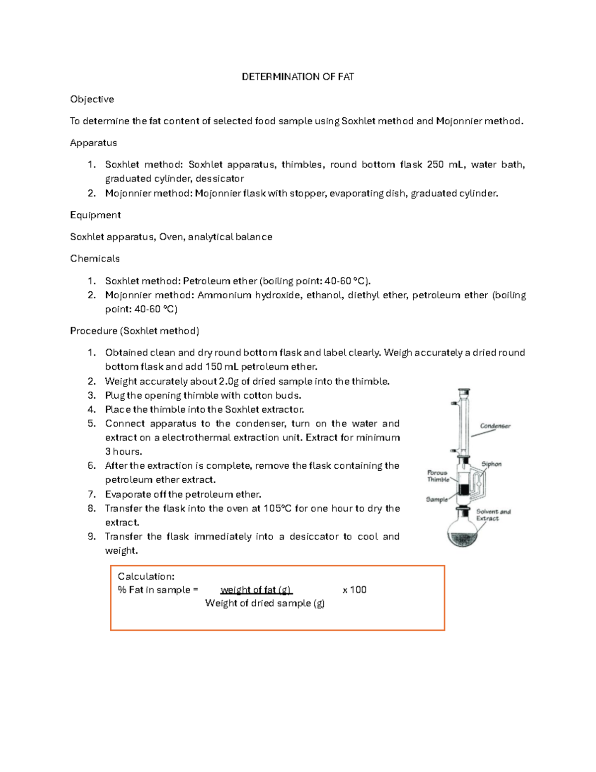 Determination of Fat Content: Soxhlet & Mojonnier Methods - Studocu