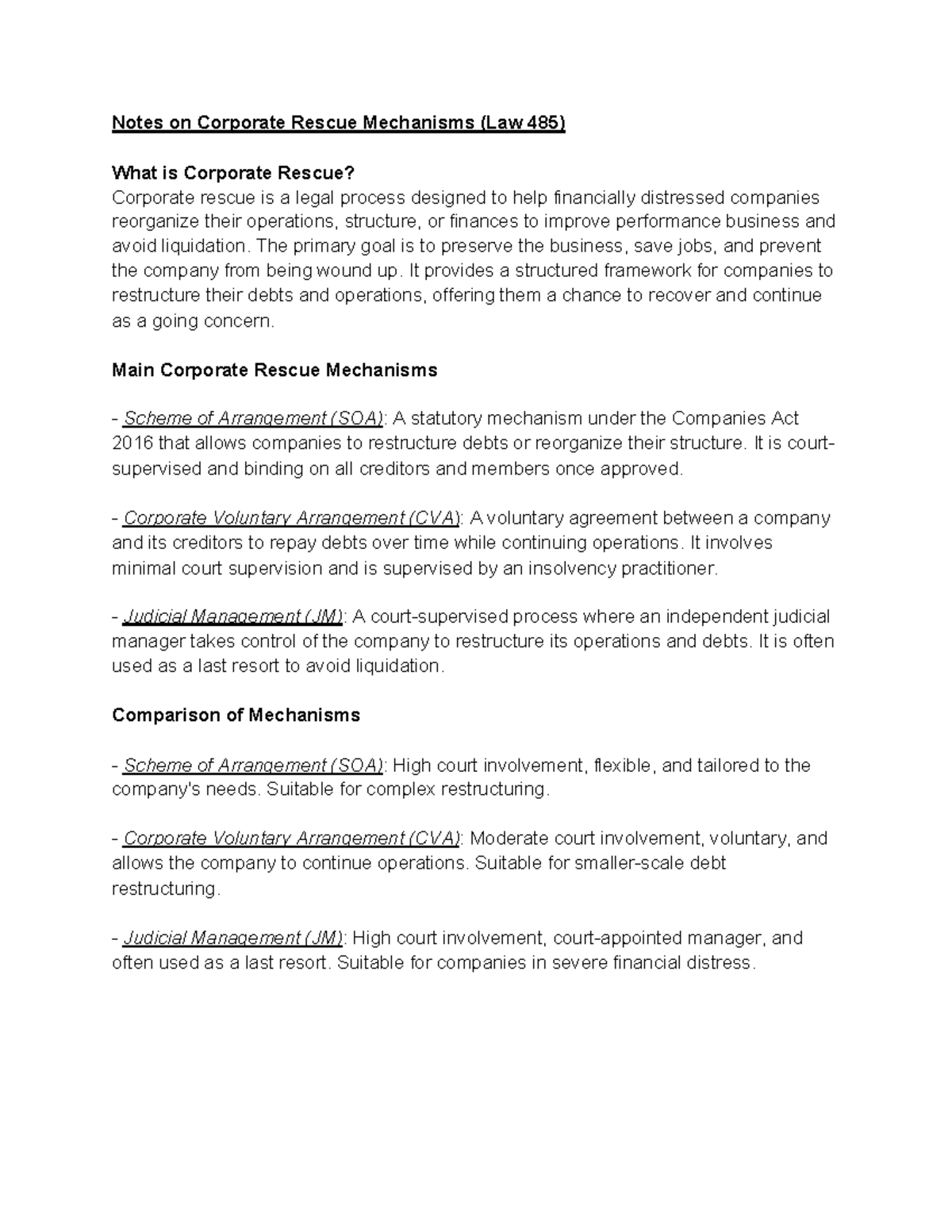 Corporate Rescue Mechanisms Overview (Law 485) - Studocu