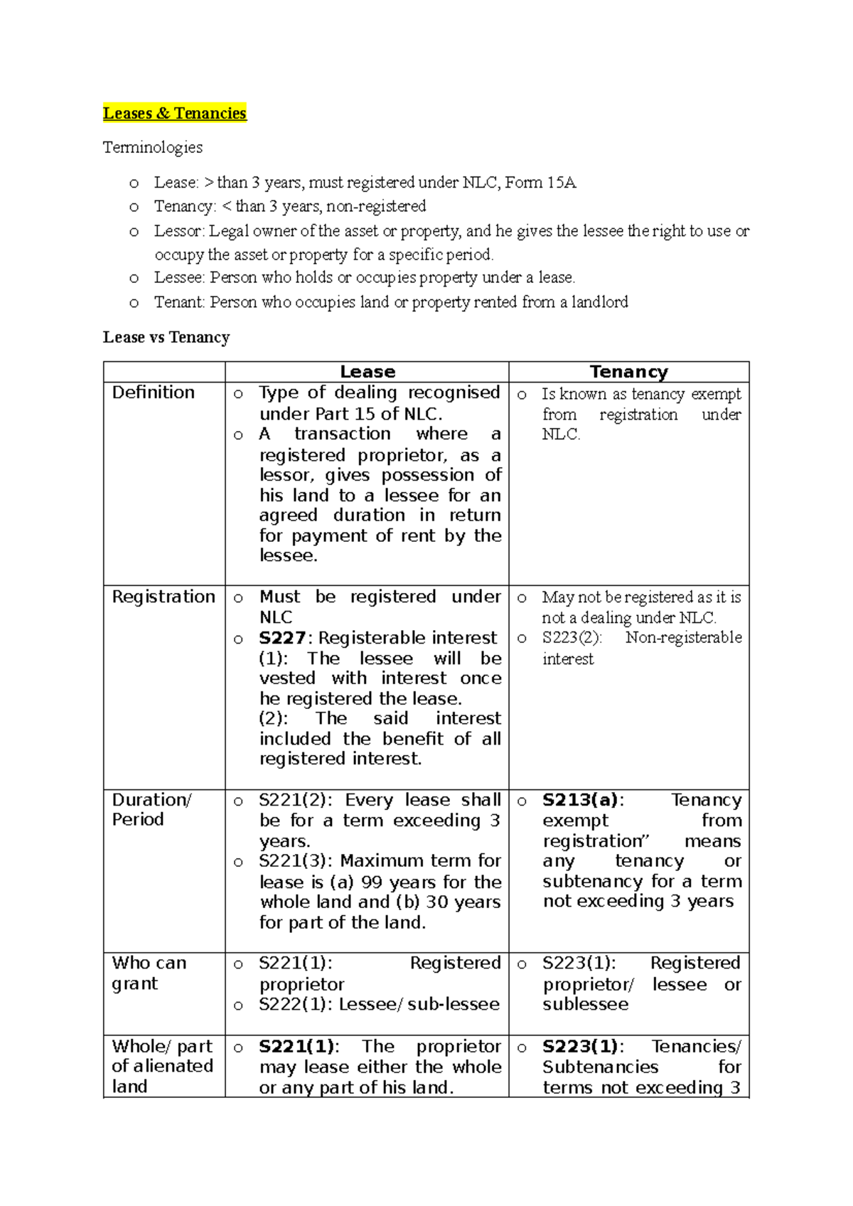 Leases and Tenancies: Key Terminologies and Legal Insights (Course Code ...