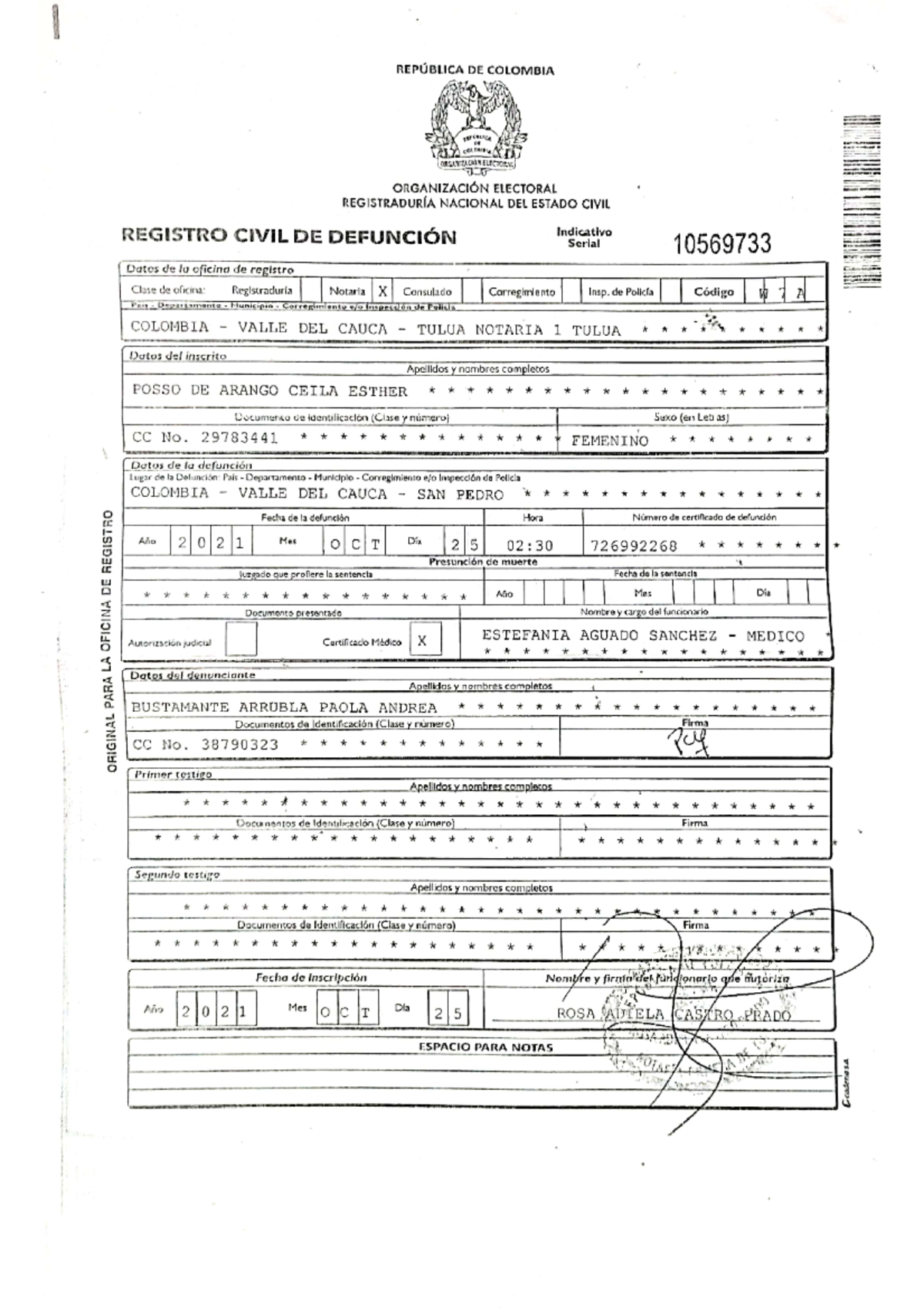 Acta de Defunción - Registro Civil de Defunción en Colombia - Document Preview
