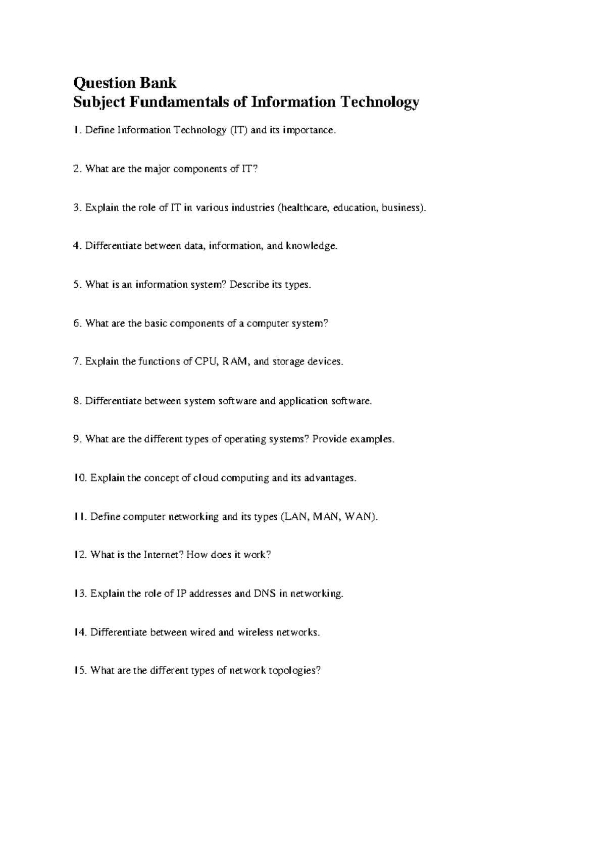 Fundamentals of IT - Question Bank for IT 101 - Studocu