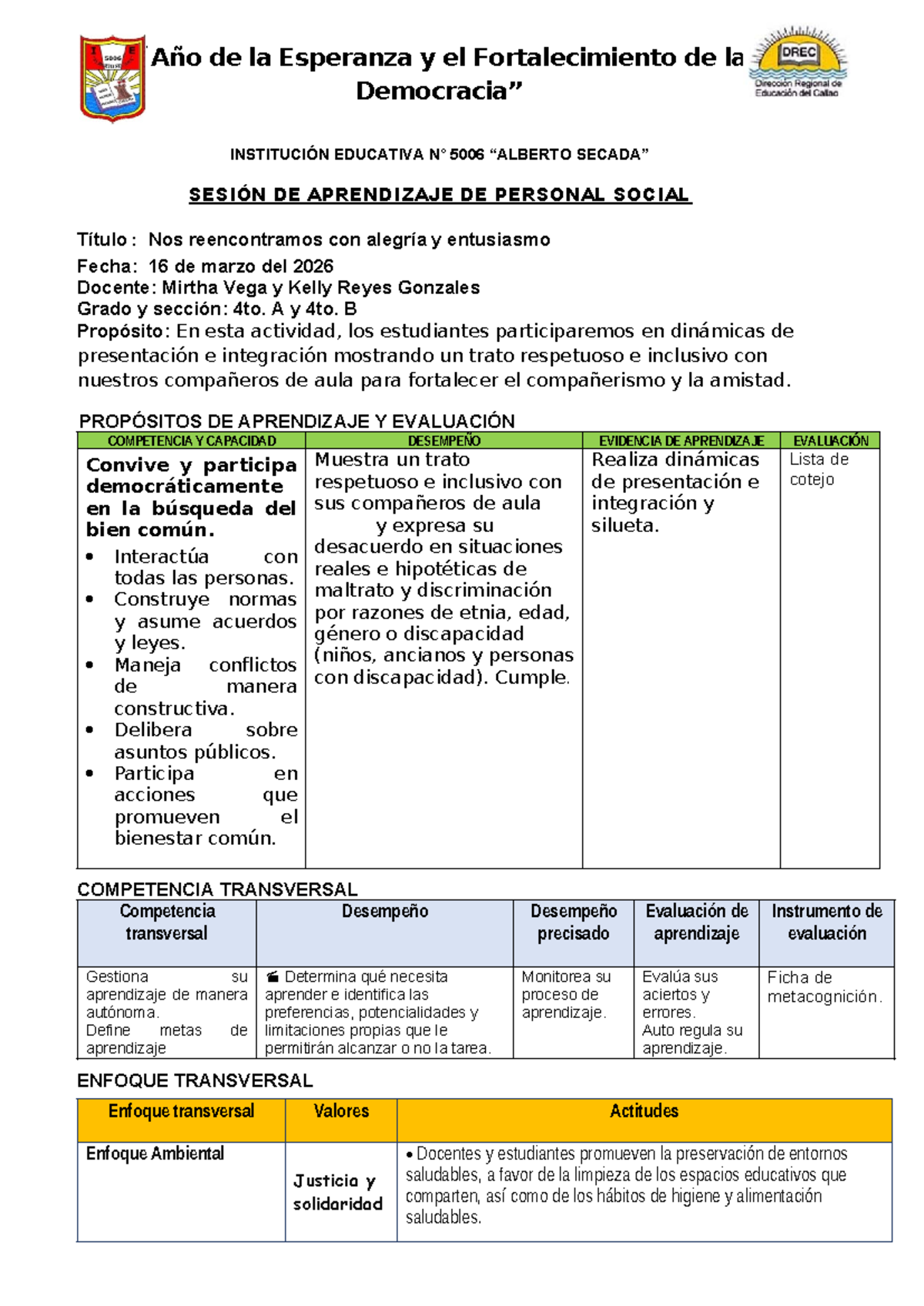 Sesión de Aprendizaje de Personal Social - 4to A y B (16-03-26) - Studocu