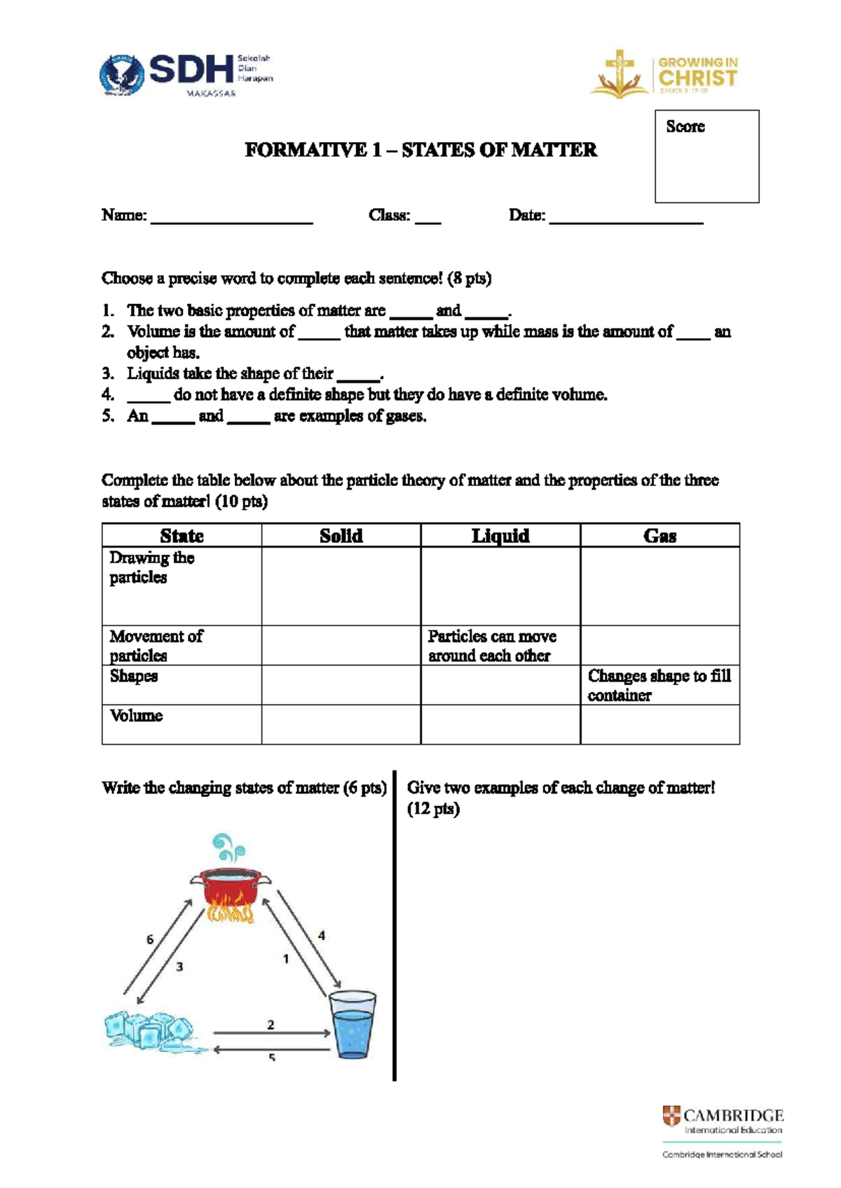 Formative 1: States of Matter - Class Notes for SDH GROWING - Studocu