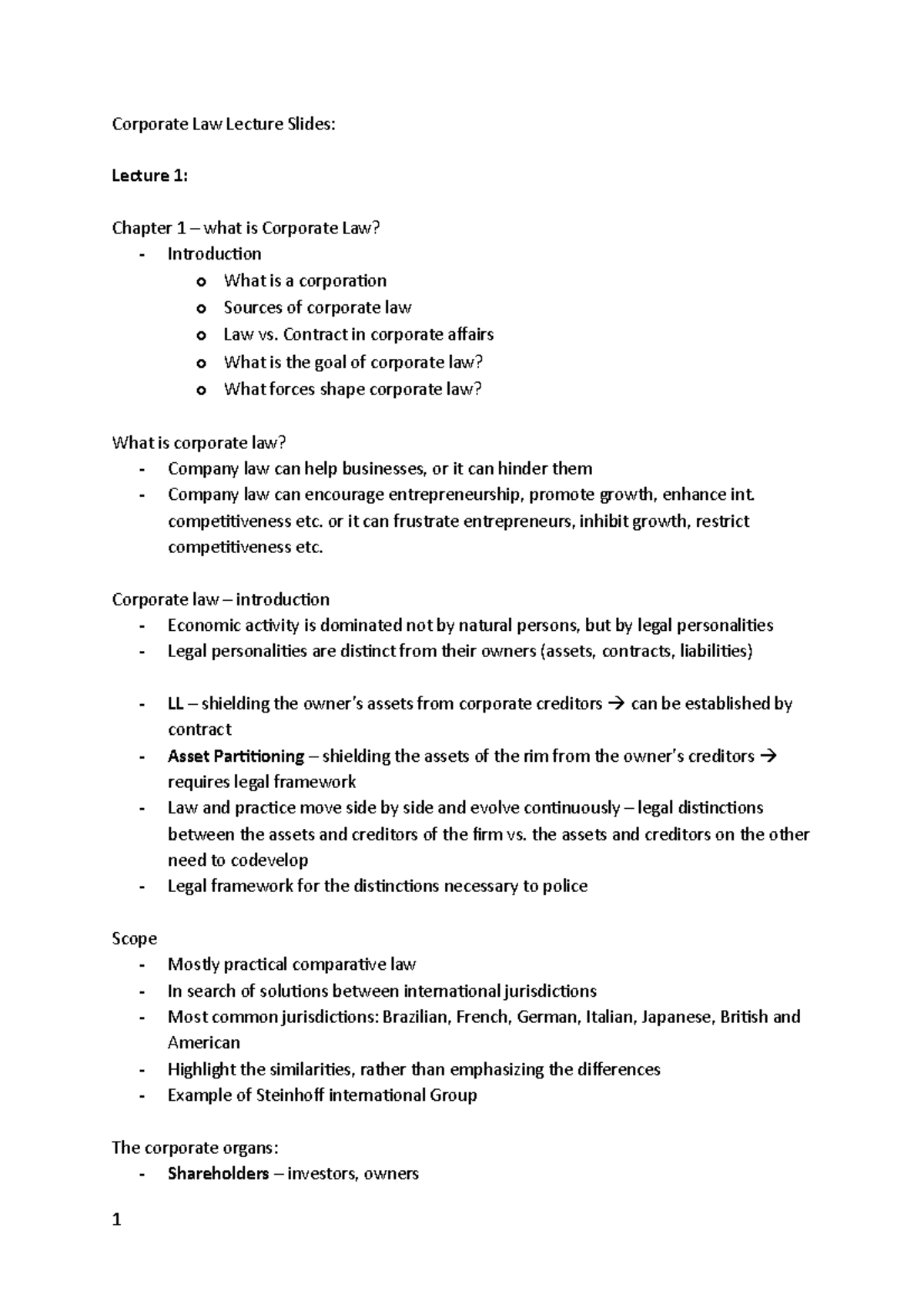 Corporate Law Midterm Lecture Notes: Understanding Key Concepts ...