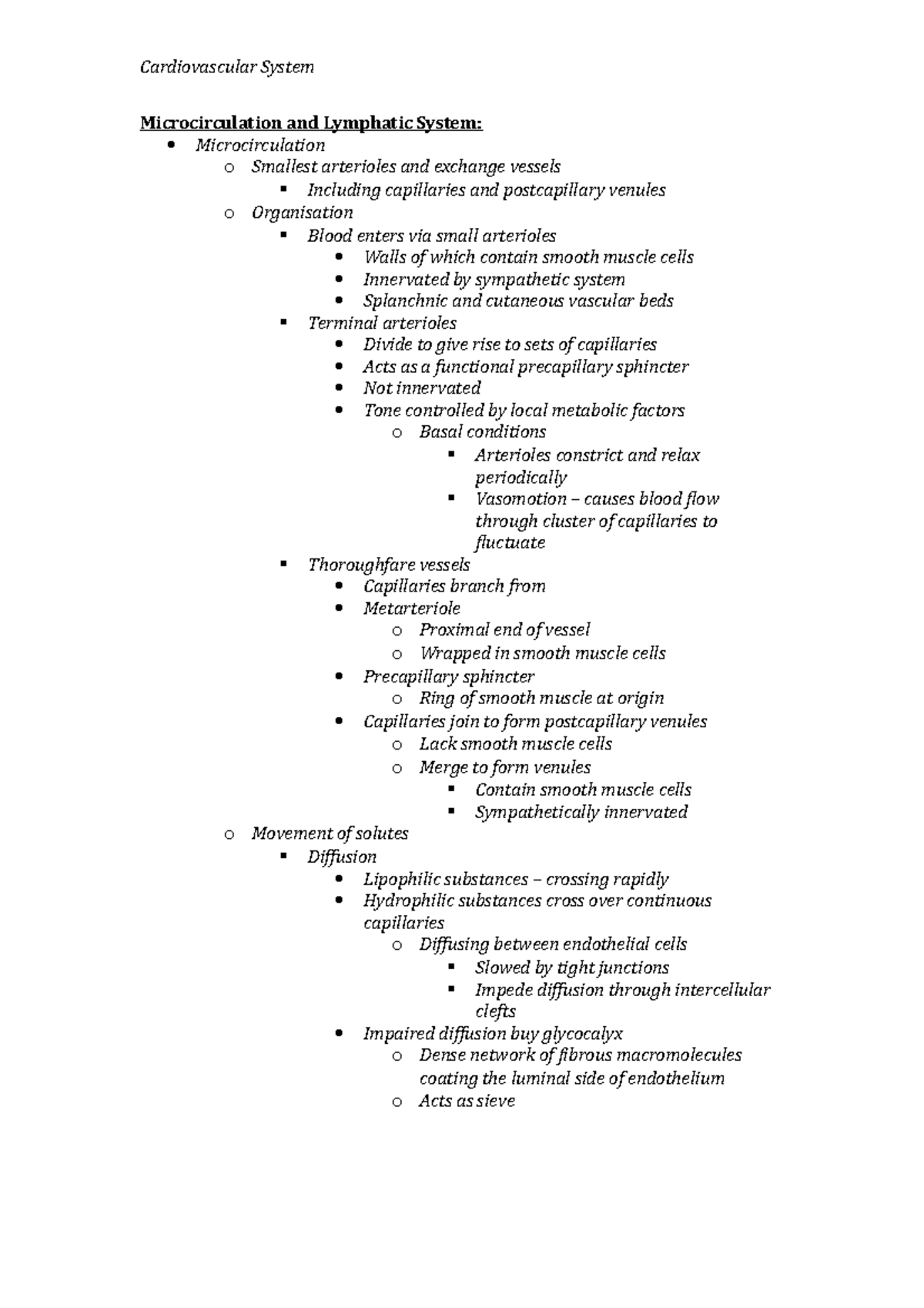 Microcirculation & Lymphatic System Lecture Notes (CV Physiology) - Studocu