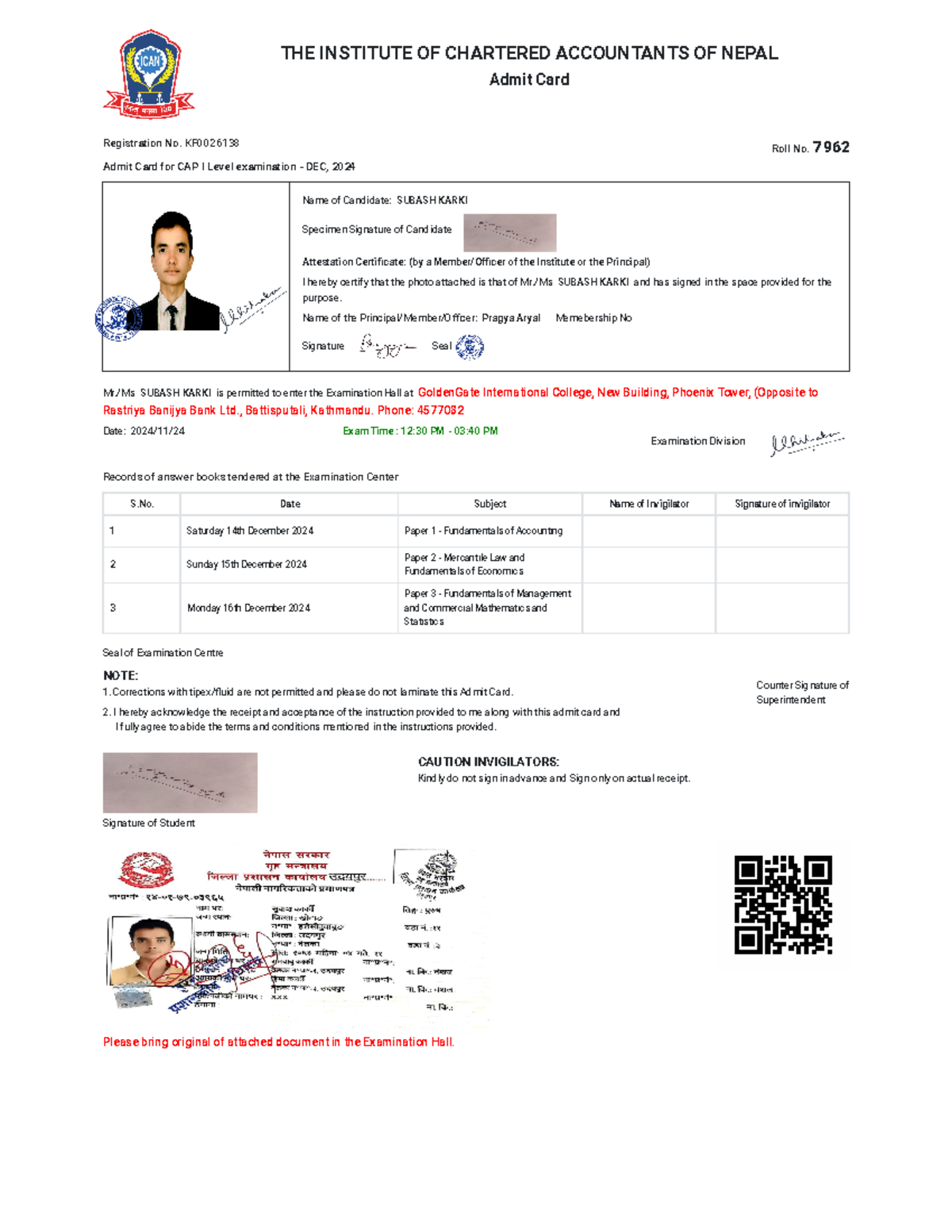 Bowser Document - Hhhhb - Registration No. KF Admit Card For CAP I ...