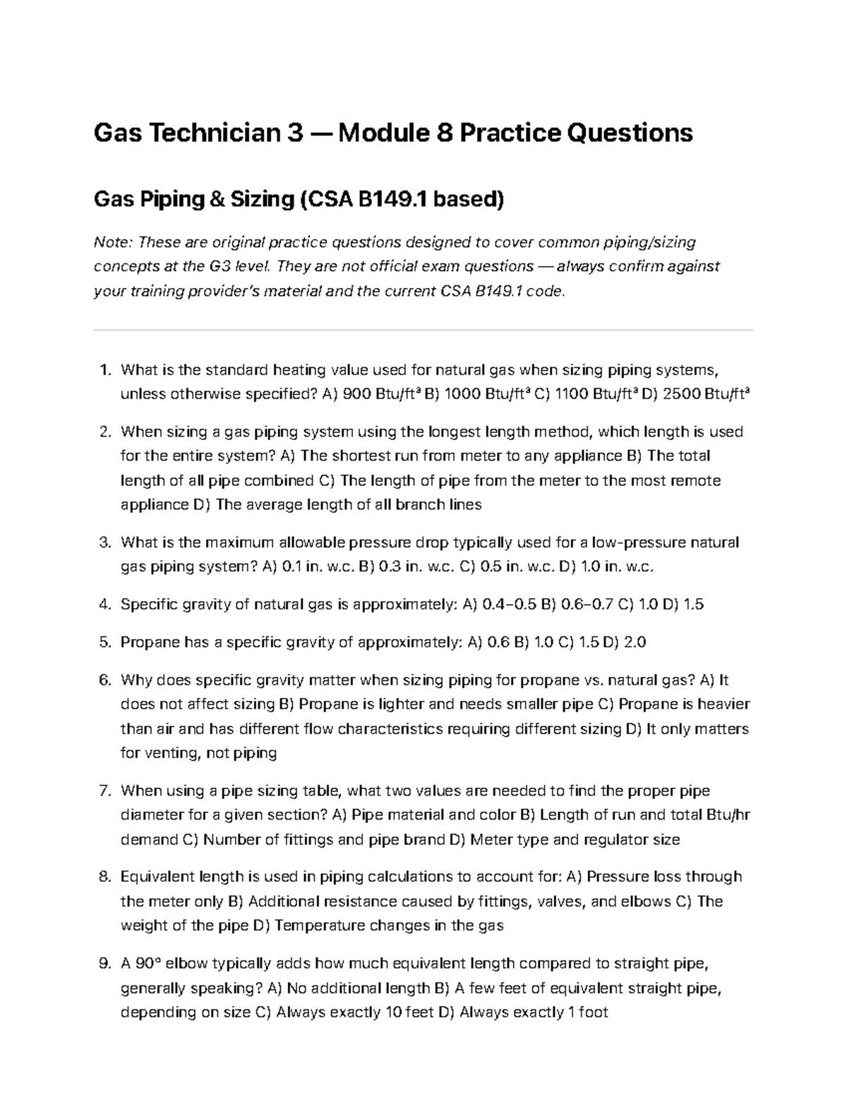 G3 Module 8 Gas Piping Sizing Practice Questions and Answers - Studocu