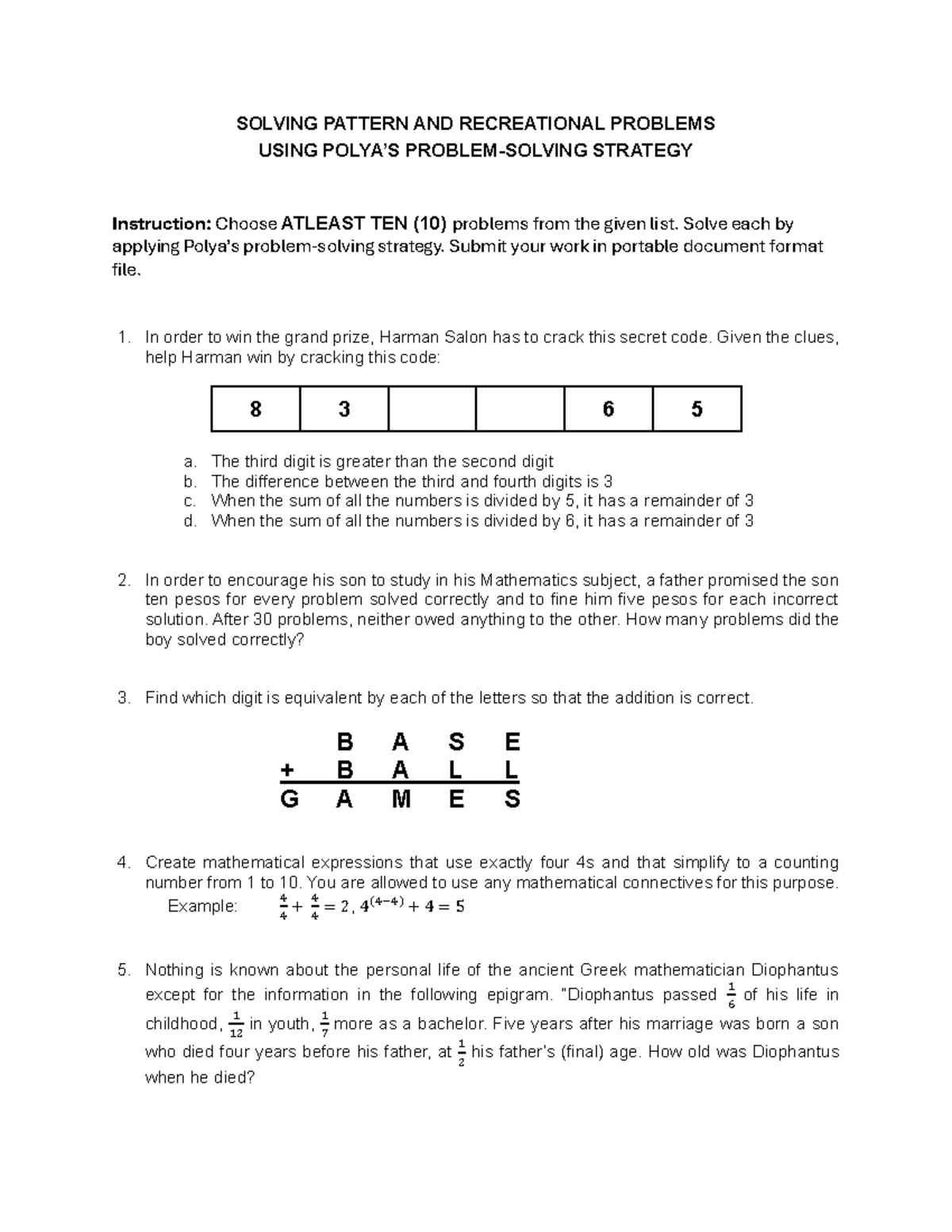 Problem-Solving Using Polya's Strategy: Math Challenges & Puzzles - Studocu