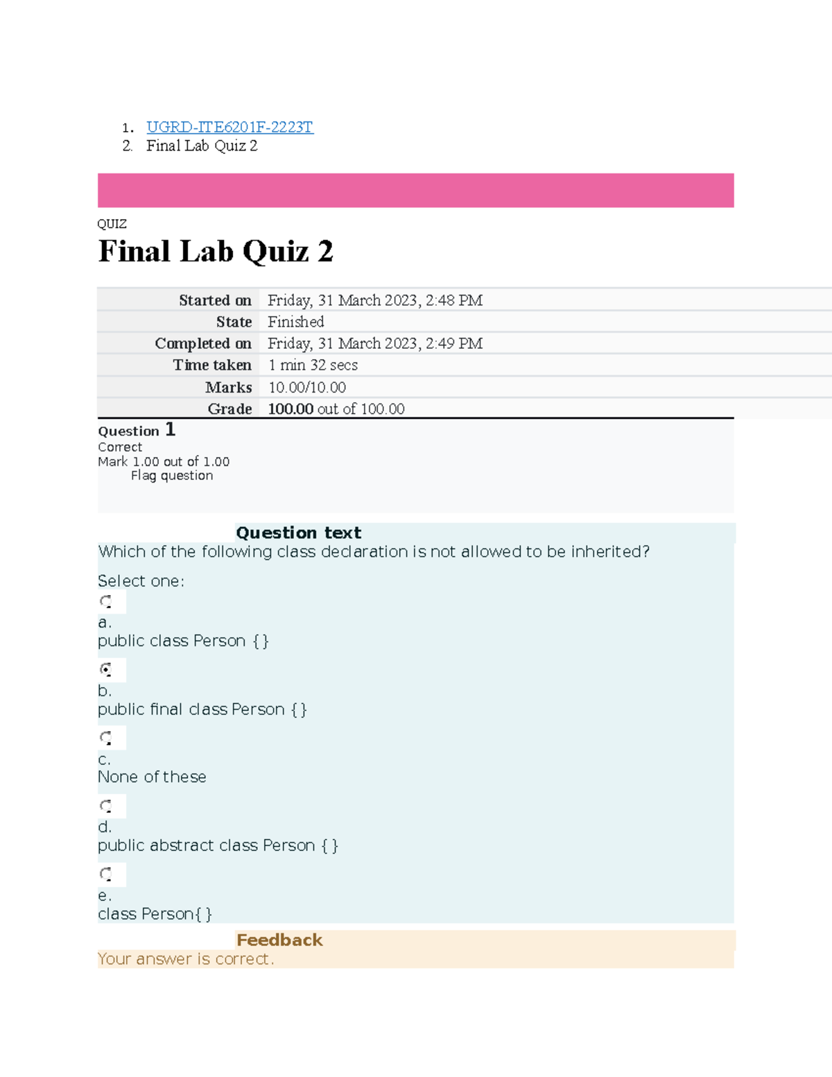 UGRD-ITE6201F Computer Programming 2 Final Lab Quiz 2 Results - Studocu