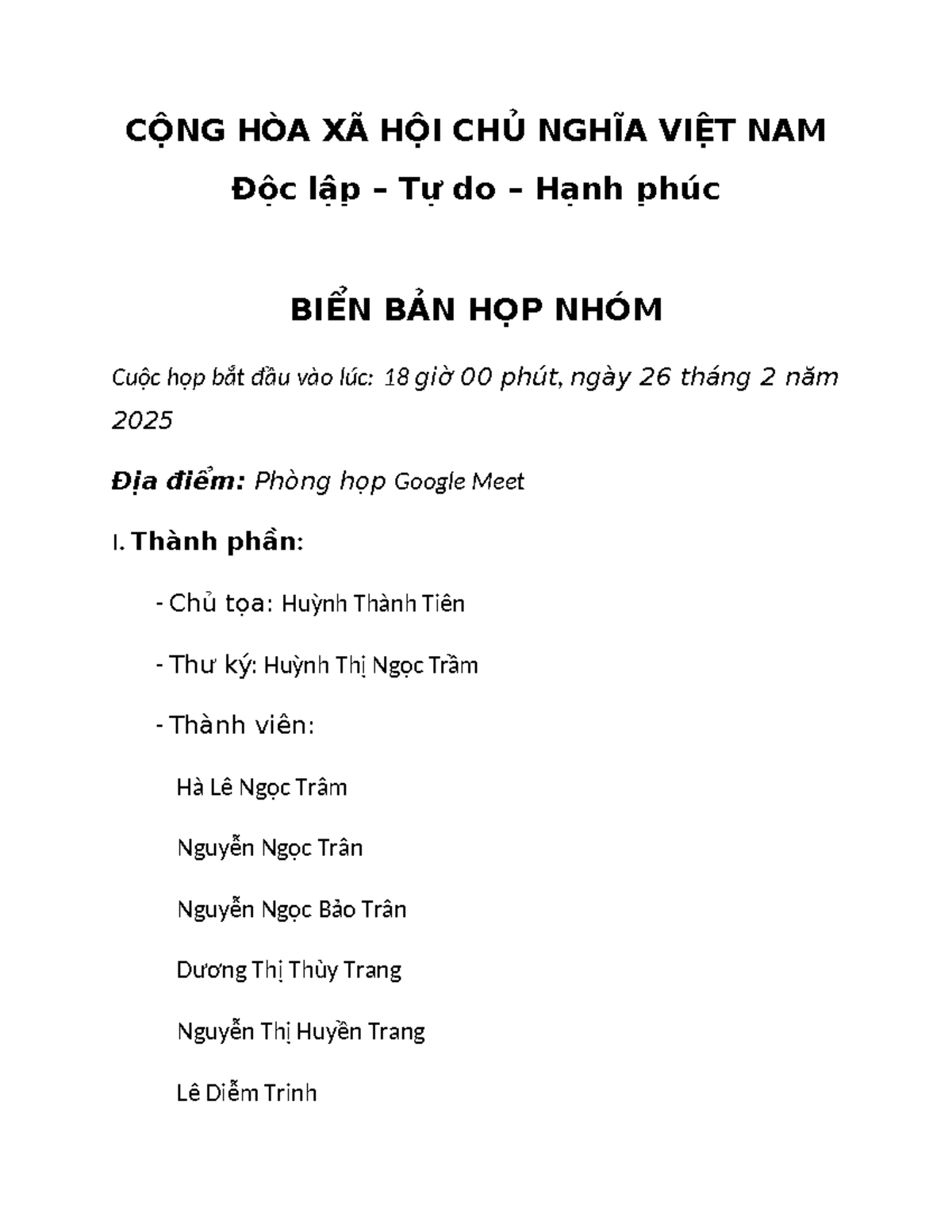 Biên Bản Họp Nhóm - Mẫu Tài Liệu Cuộc Họp 26/2/2025 - Studocu