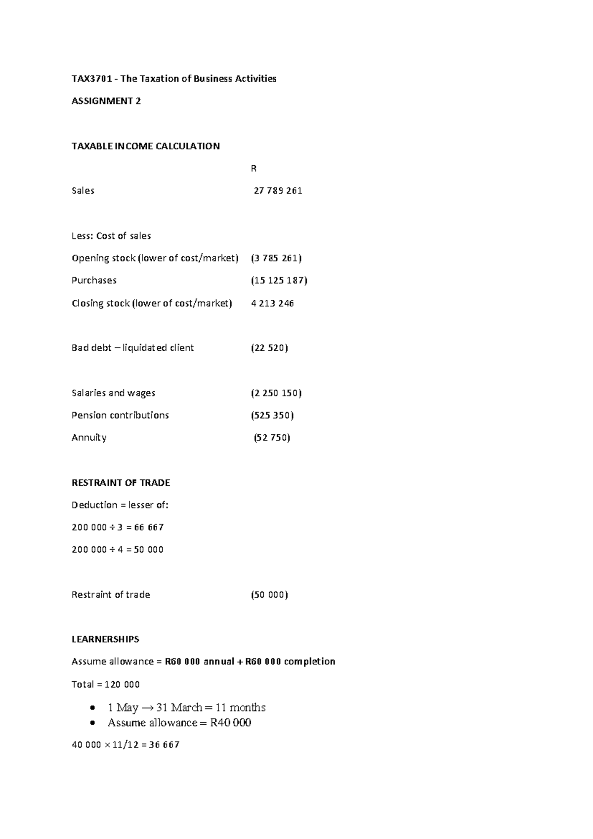 TAX3701 Semester 1 2026 Assignment 2 Taxable Income Calculation - Studocu