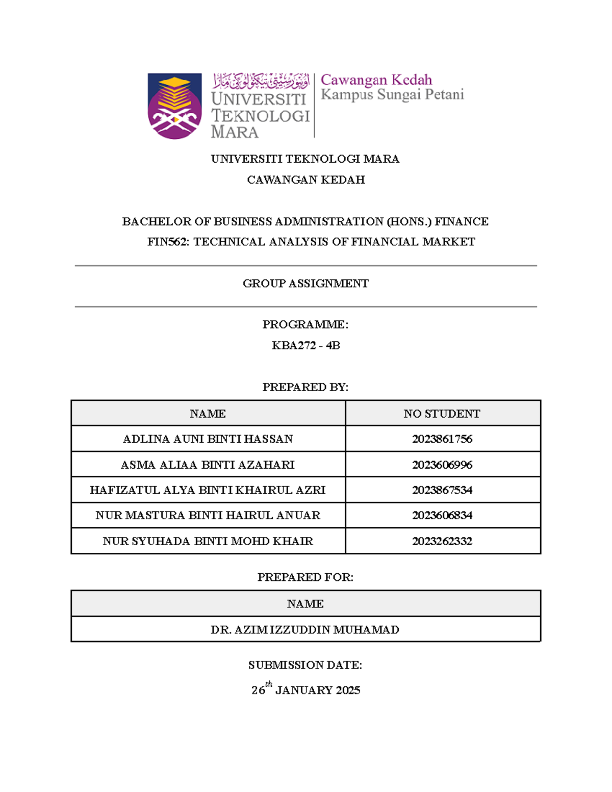 FIN562 Technical Analysis Group Assignment Report - Studocu