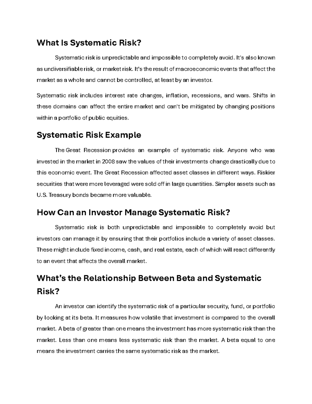 Understanding Systematic Risk: Market Dynamics and Management - Studocu