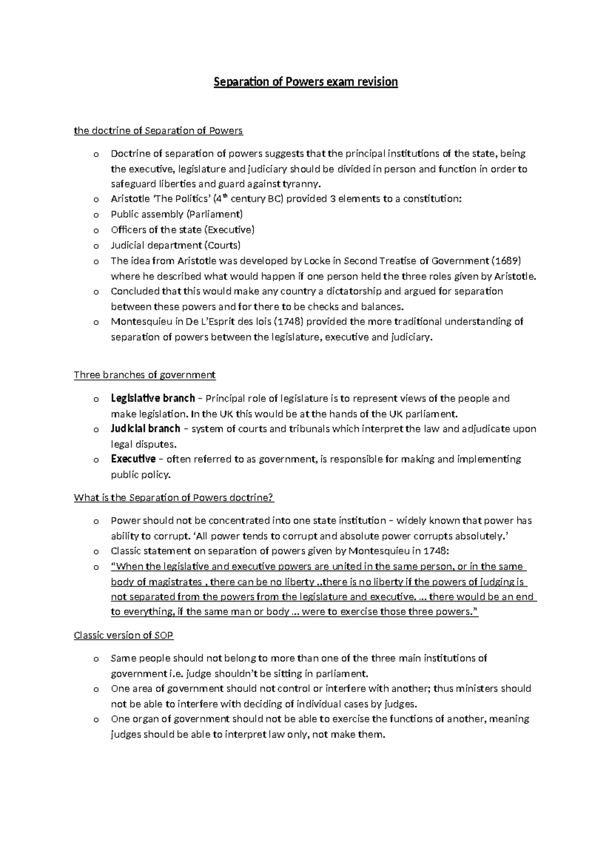 Separation of Powers exam revision - o Aristotle ‘The Politics’ (4th ...