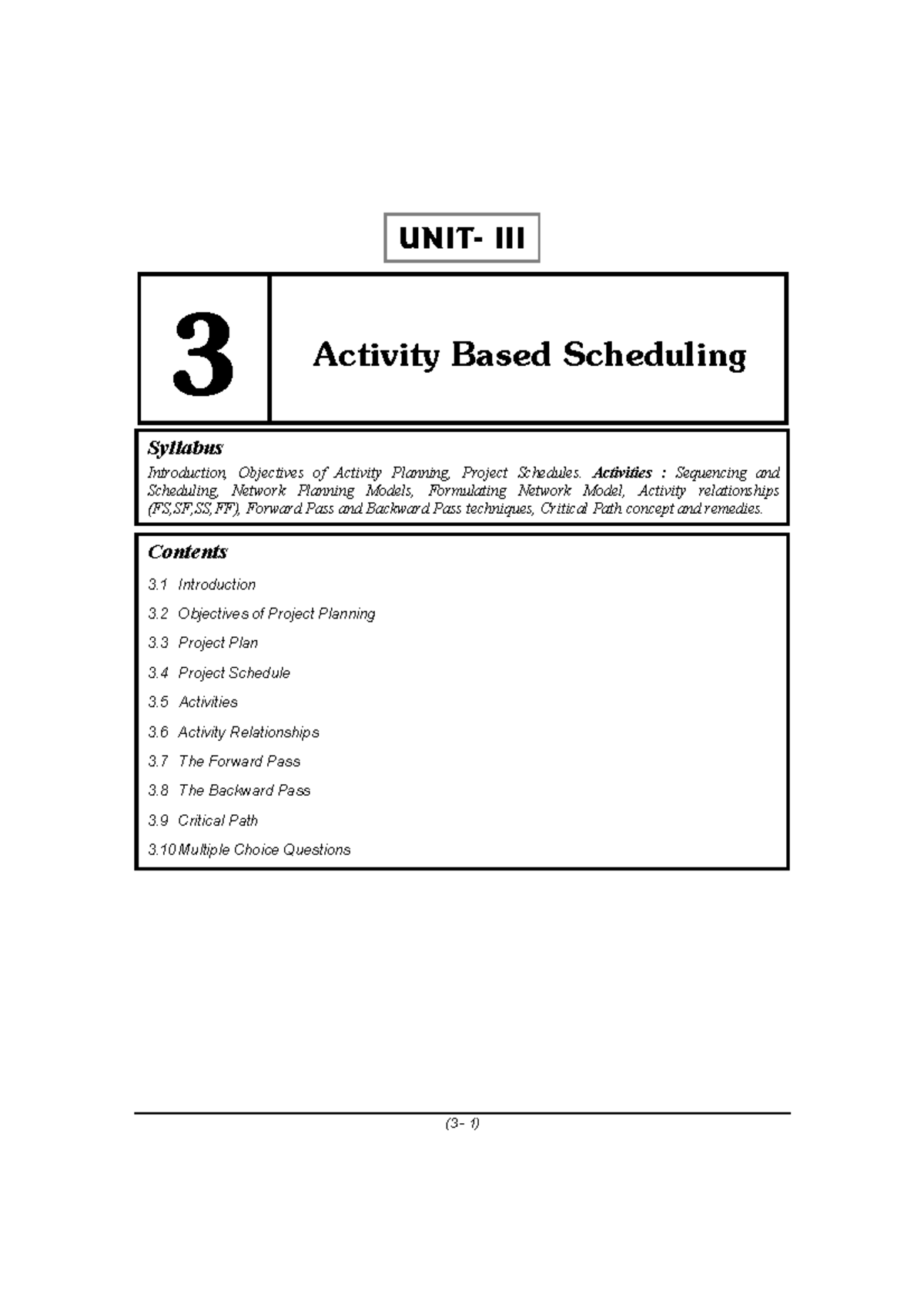 SPM UNIT-3: Activity Based Scheduling Overview and Techniques - Studocu