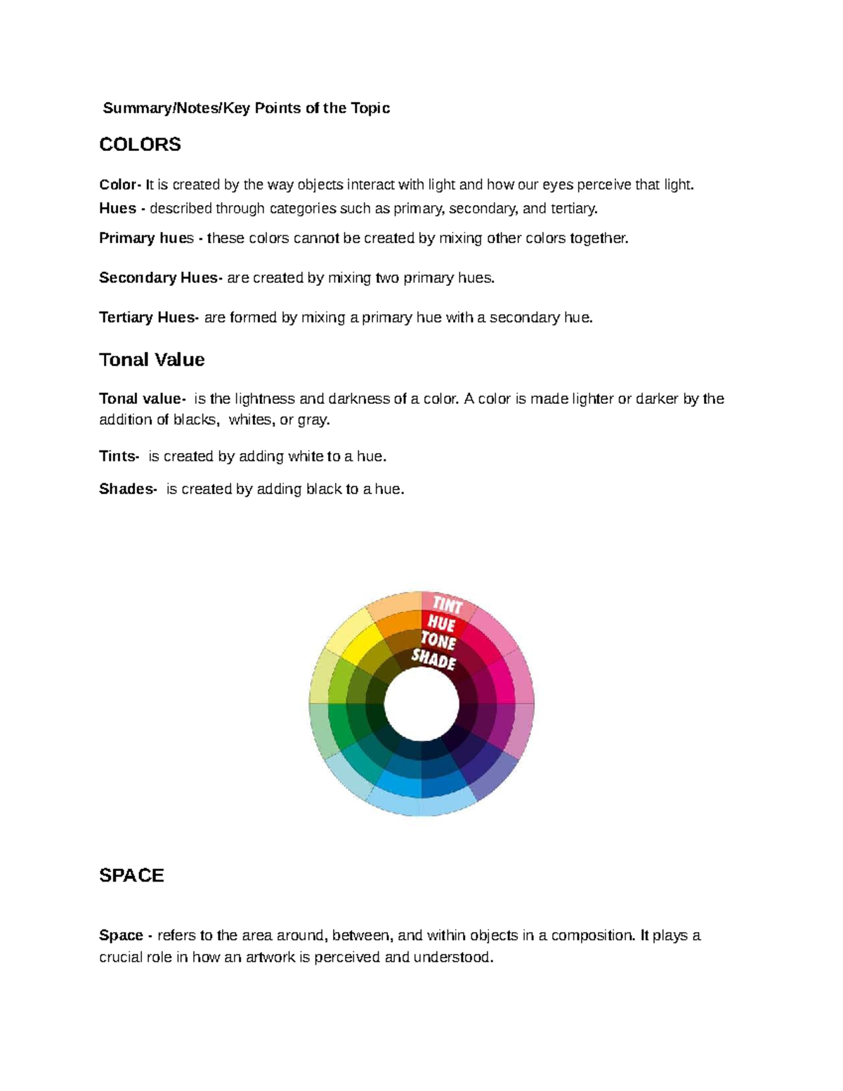 Art Concepts: Color, Value, Space & Texture Summary Notes - Studocu