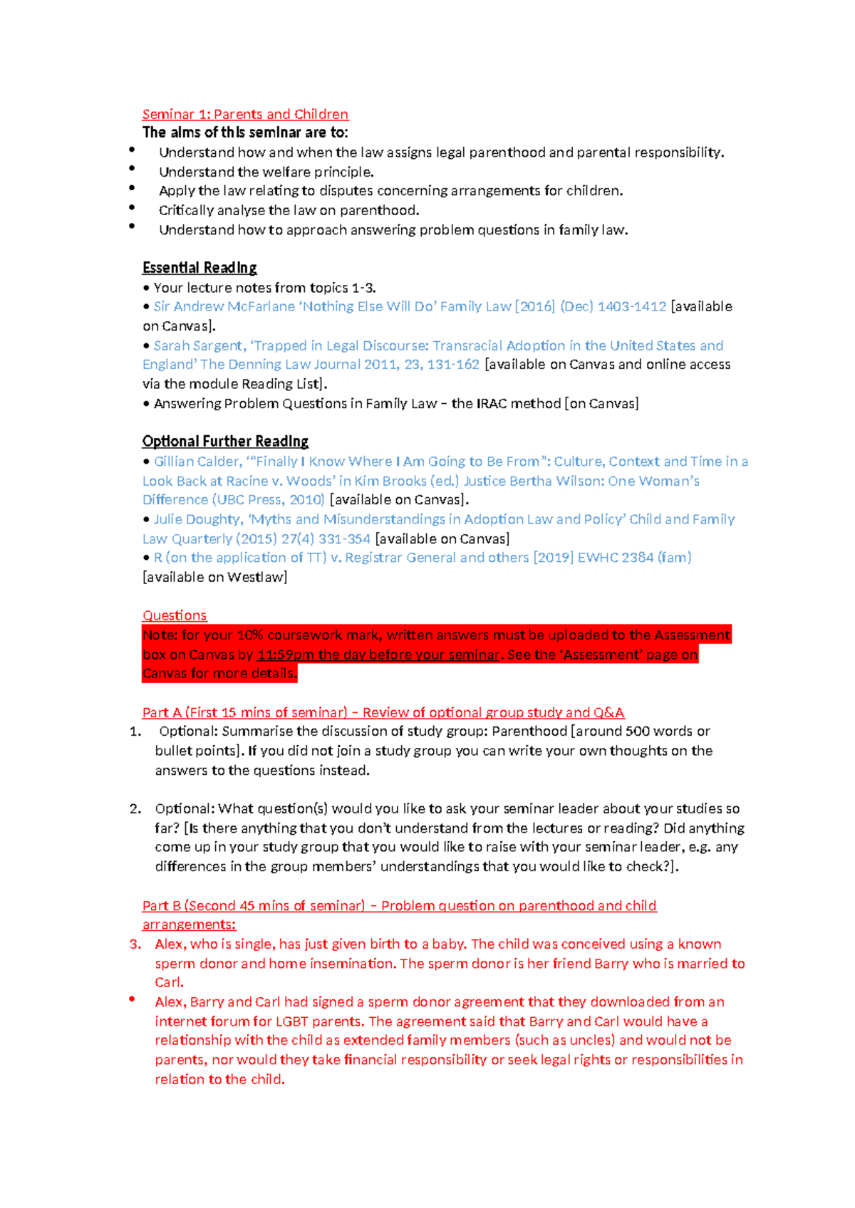 Family Law Seminar 1: Legal Parenthood and Child Arrangements - Studocu