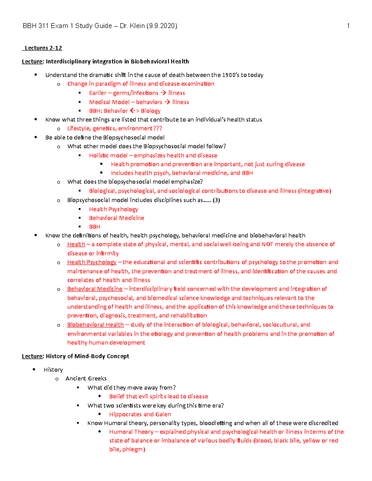 BBH 311 Exam 1 Study Guide: Key Concepts in Biobehavioral Health - Studocu