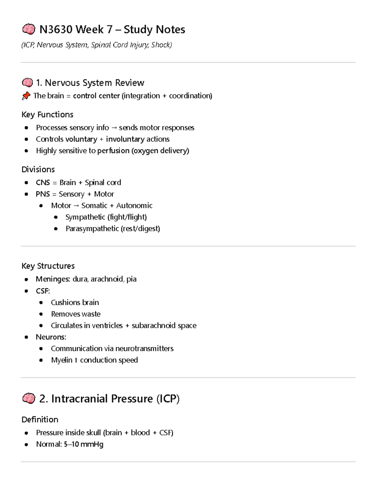 N3630 Week 7 Study Notes: ICP, Nervous System & Spinal Cord Injury ...