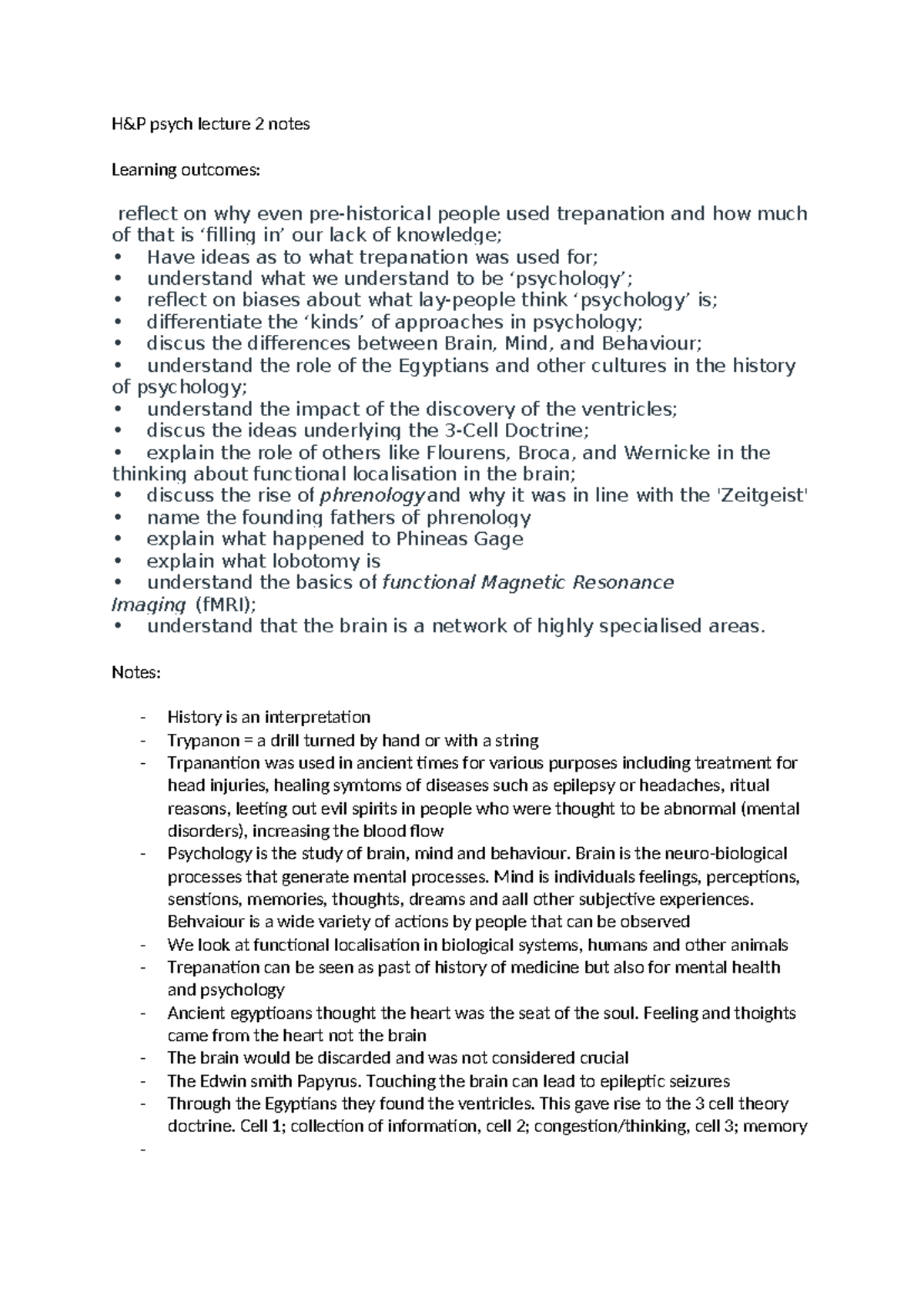 Psych 101 Lecture 2 Notes: Trepanation, Brain, and Mind Concepts - Studocu