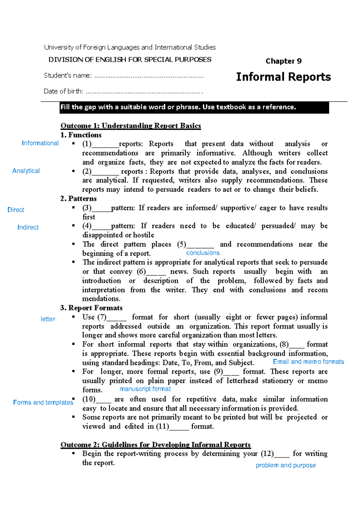 A01 - Lecture Notes: Chapter 9 on Informal Reports and Their Structure ...