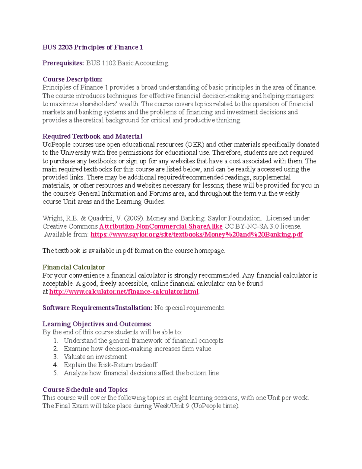 BUS 2203 - Syllabus for Principles of Finance 1 Course - Studocu