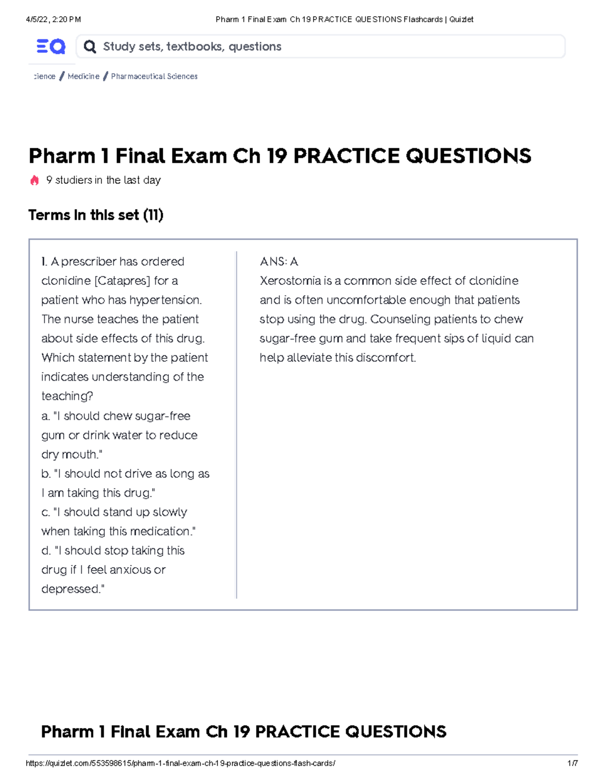 Pharm 1 Final Exam Chapter 19 Practice Questions & Flashcards - Studocu