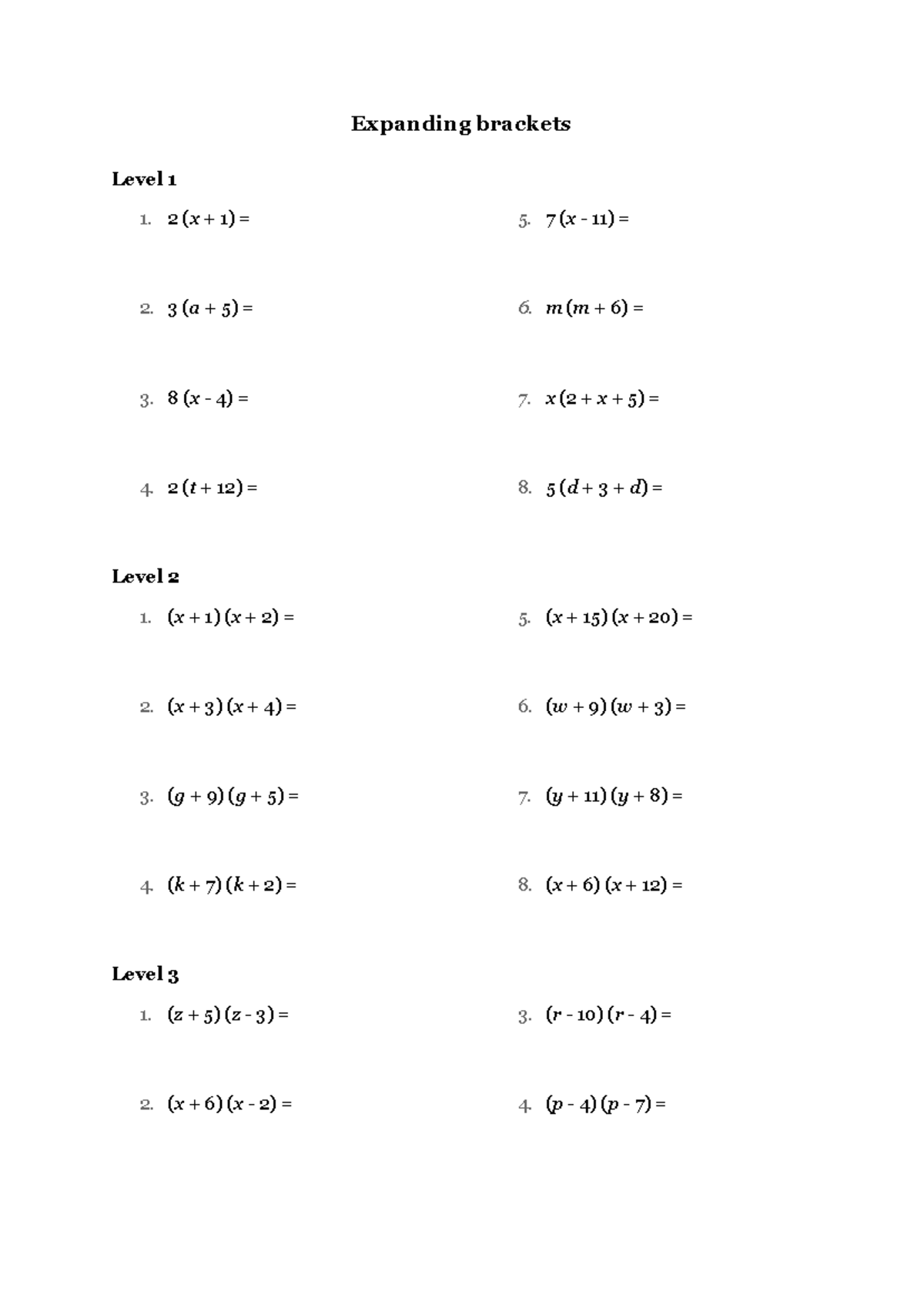 Algebra - Expanding Brackets Exercises (Levels 1-3) - Studocu