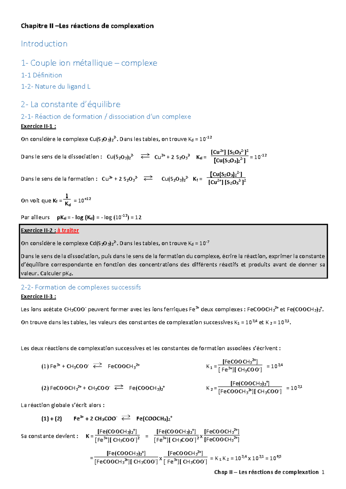 Exercices sur les Réactions de Complexation Chap II Chimie 101 — free download