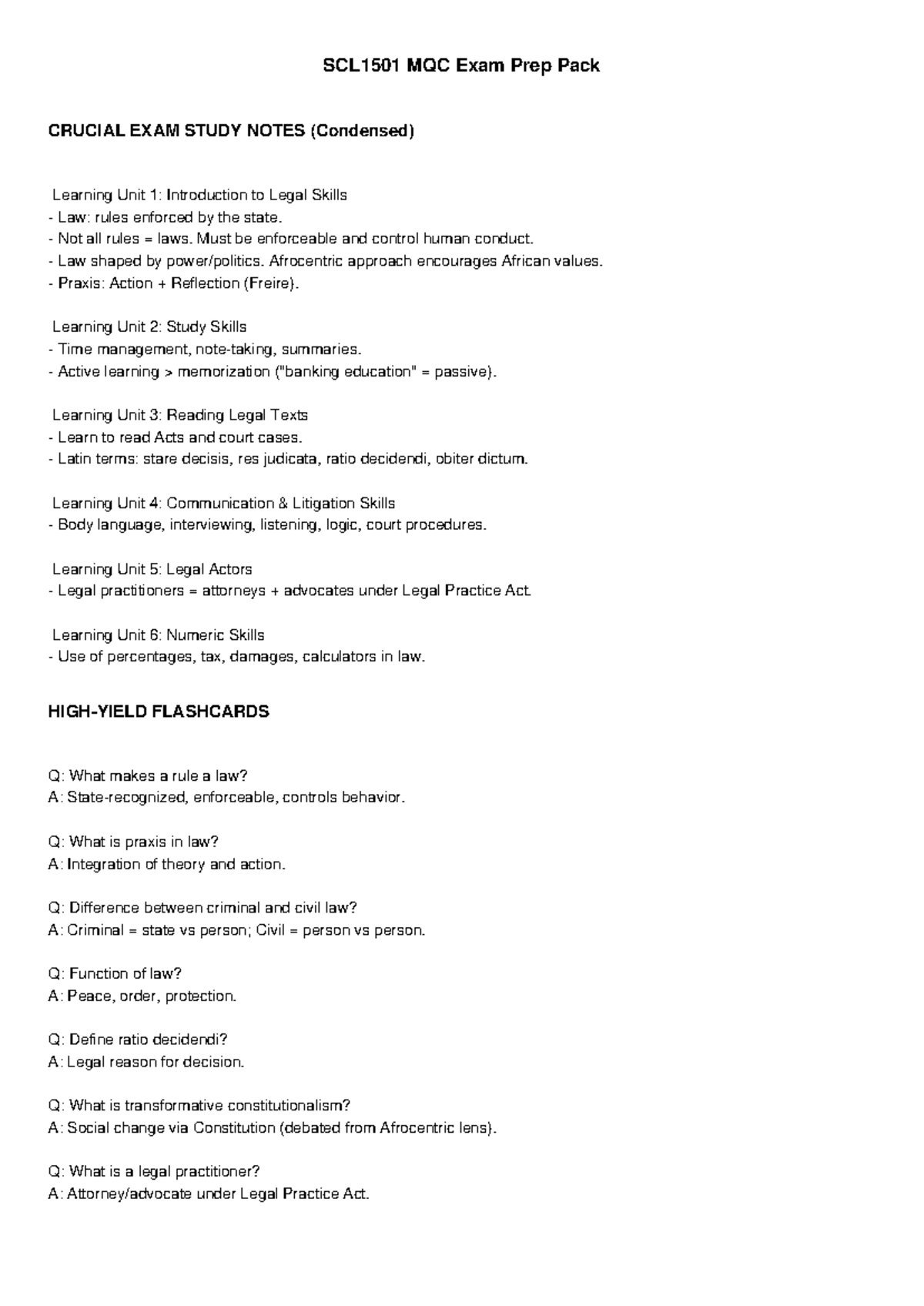 SCL1501 Final Exam Prep Pack: Essential Legal Skills Study Notes - Studocu