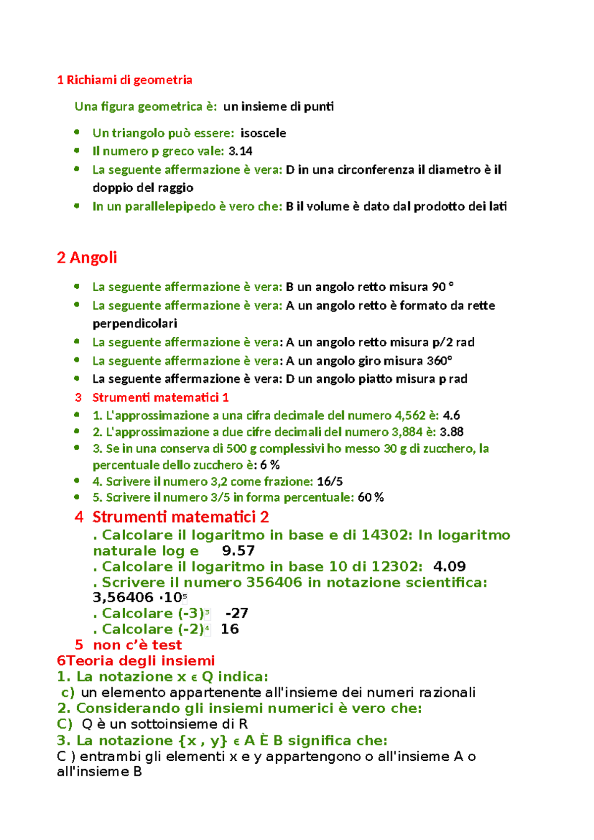 Test di Matematica - Modulo per Esame di Matematica - Studocu