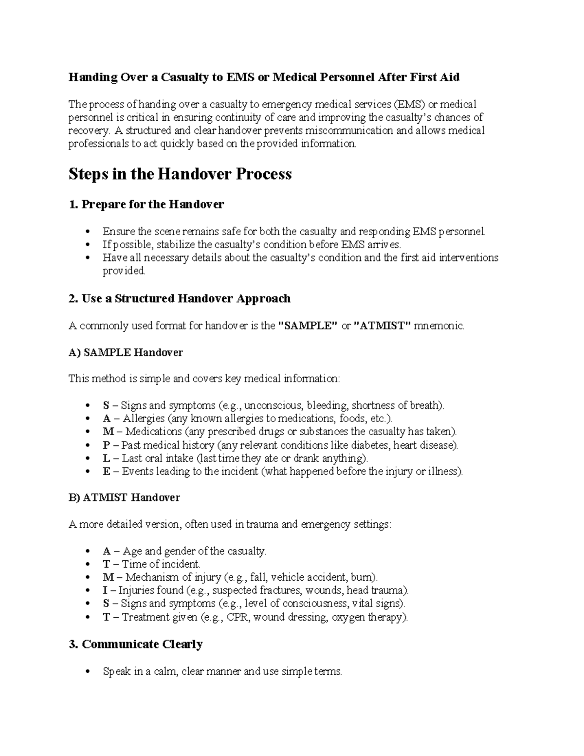 Handover Process for Casualties in First Aid: Key Steps and Tips - Studocu