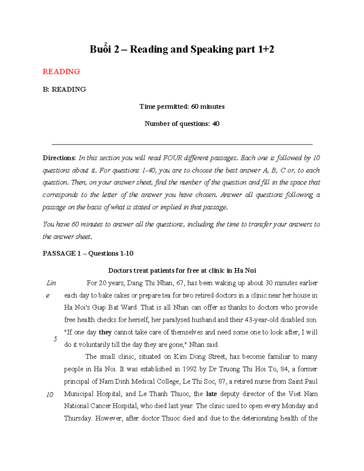 Buổi 2 - Reading and Speaking Part 1: Reading Comprehension Guide - Studocu