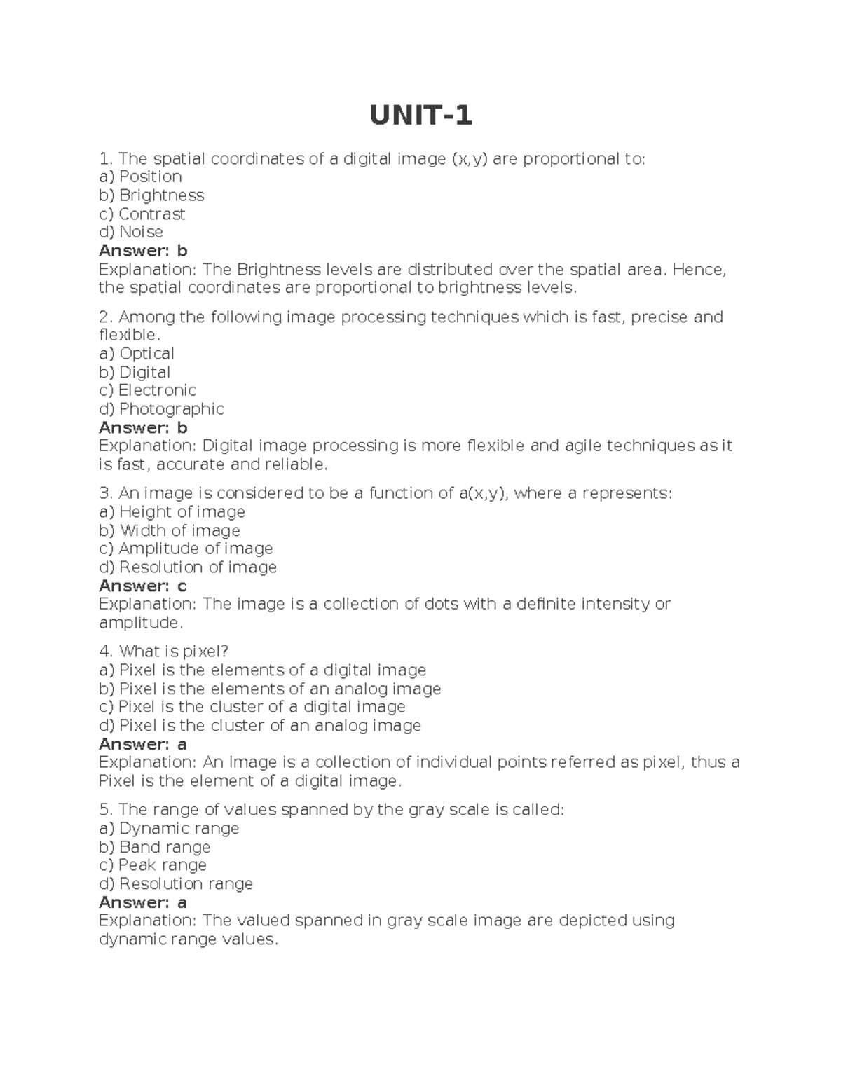Digital Image Processing Quiz - DIP101 Unit 1 Five Marks - Studocu