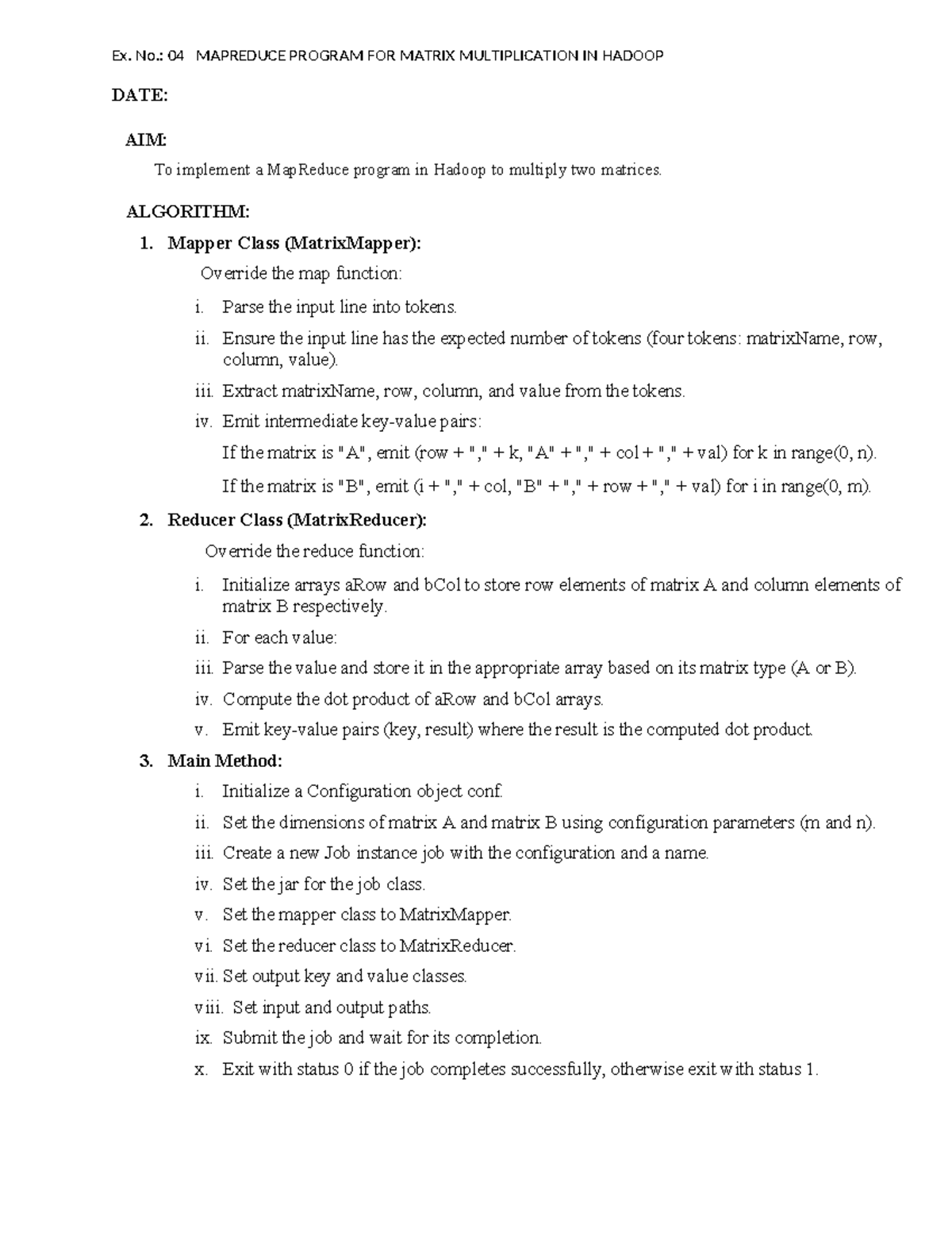 CCS334 Ex. No. 4 MapReduce Program for Matrix Multiplication - Studocu