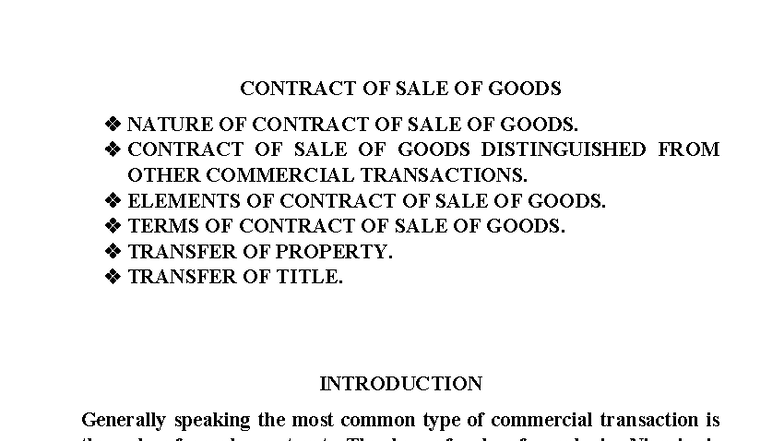 First Semester Notes on Commercial Law: Contract of Sale of Goods - Studocu