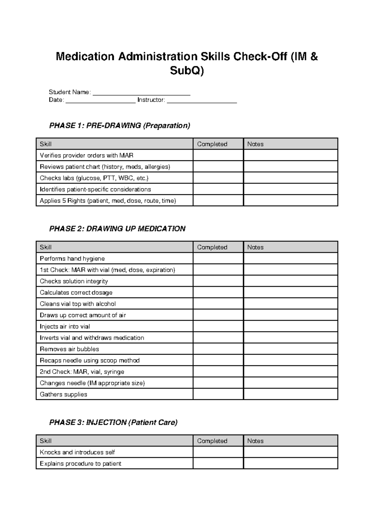 Medication Skills Checkoff (IM SubQ) Guide for Students - Studocu