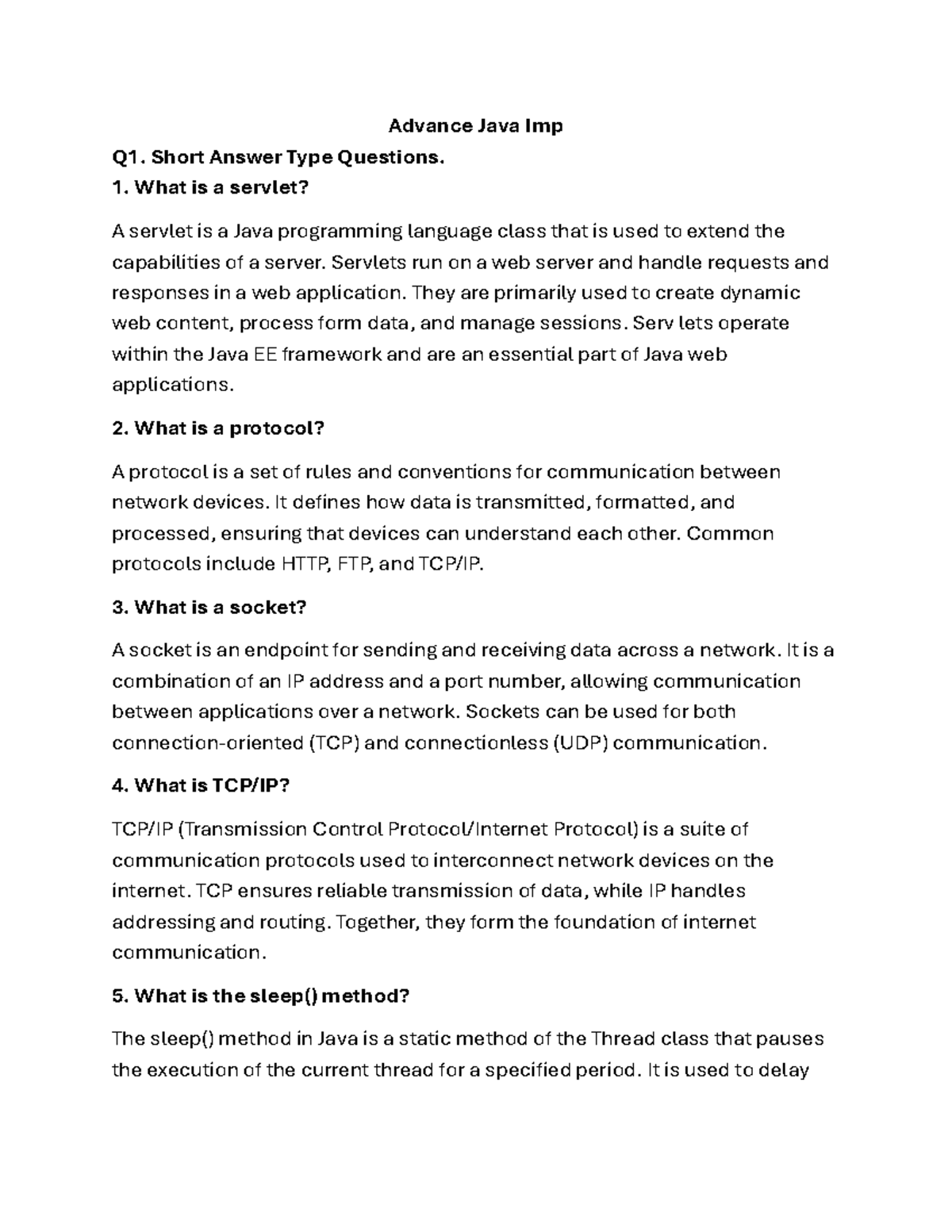 Advance Java Imp Q1: Short Answer Questions on Servlets, JSP, and JDBC ...