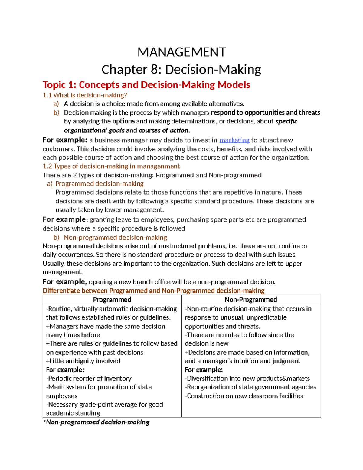 MANAGEMENT C8: Decision Making Concepts and Models Overview - Studocu