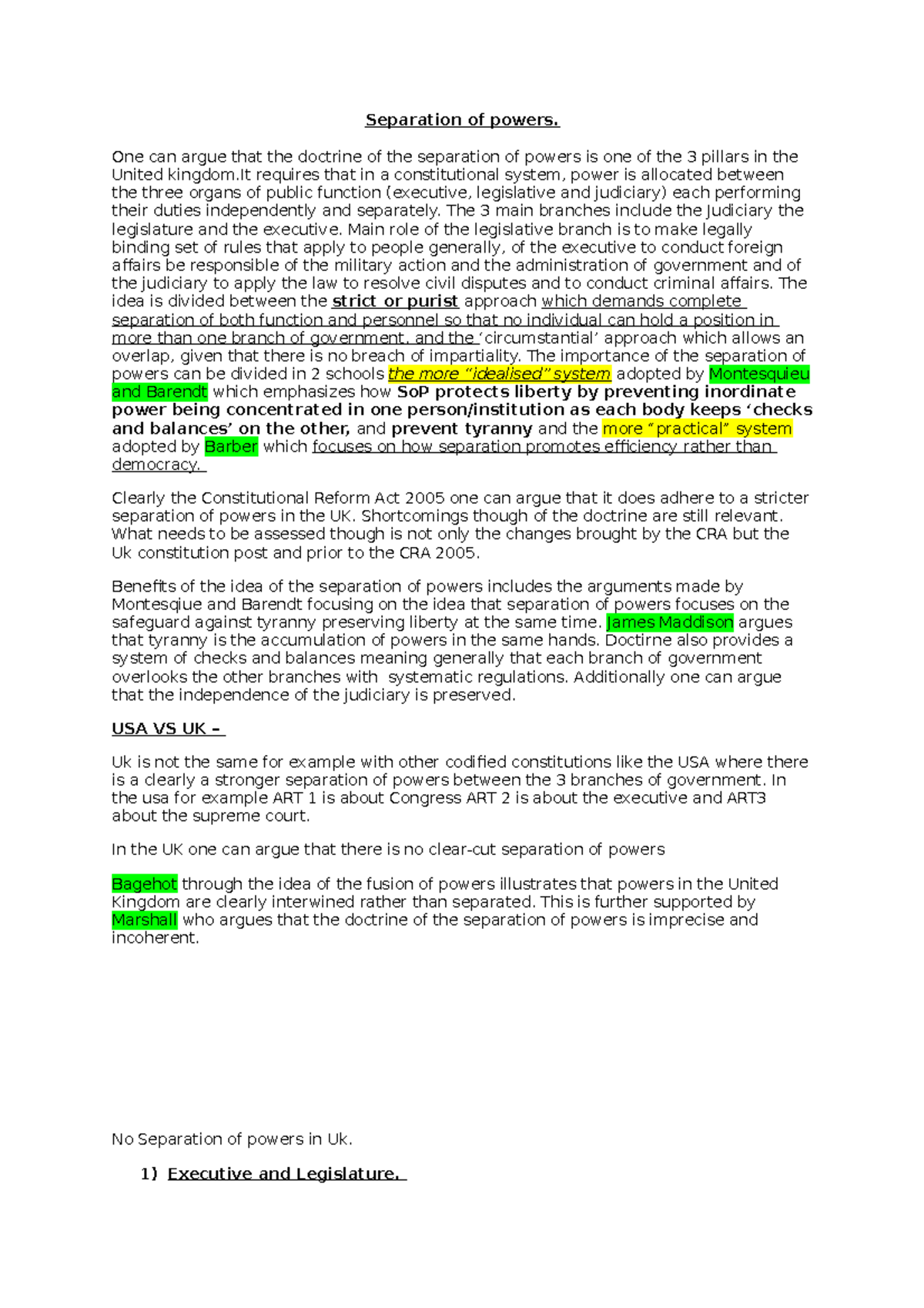 Separation of Powers in the UK: Analysis and Implications (LAW 301 ...