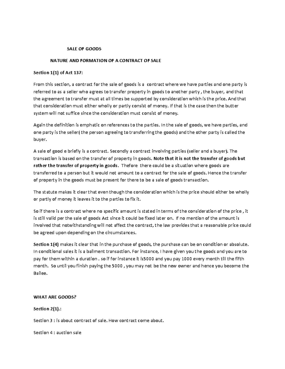 Commercial Law Lecture Notes on Sale of Goods (ACT 137) - Studocu