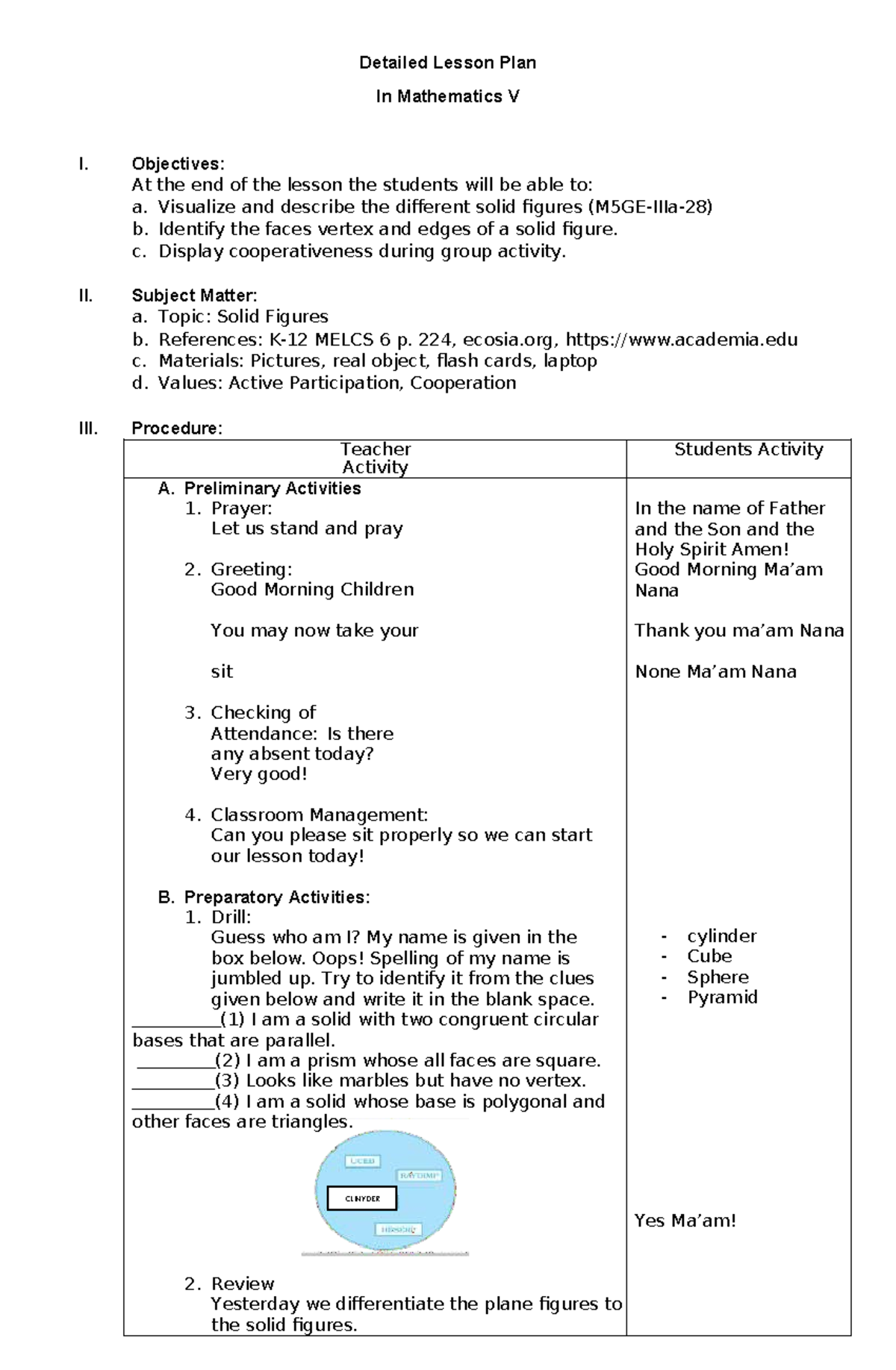 Math 5 - Detailed Lesson Plan on Solid Figures - Document Preview
