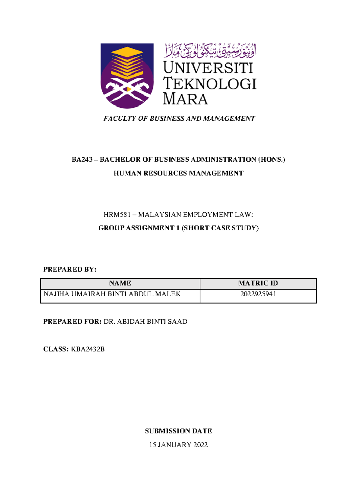 HRM581 INDIVIDUAL ASSIGNMENT CASE STUDY - FACULTY OF BUSINESS AND ...