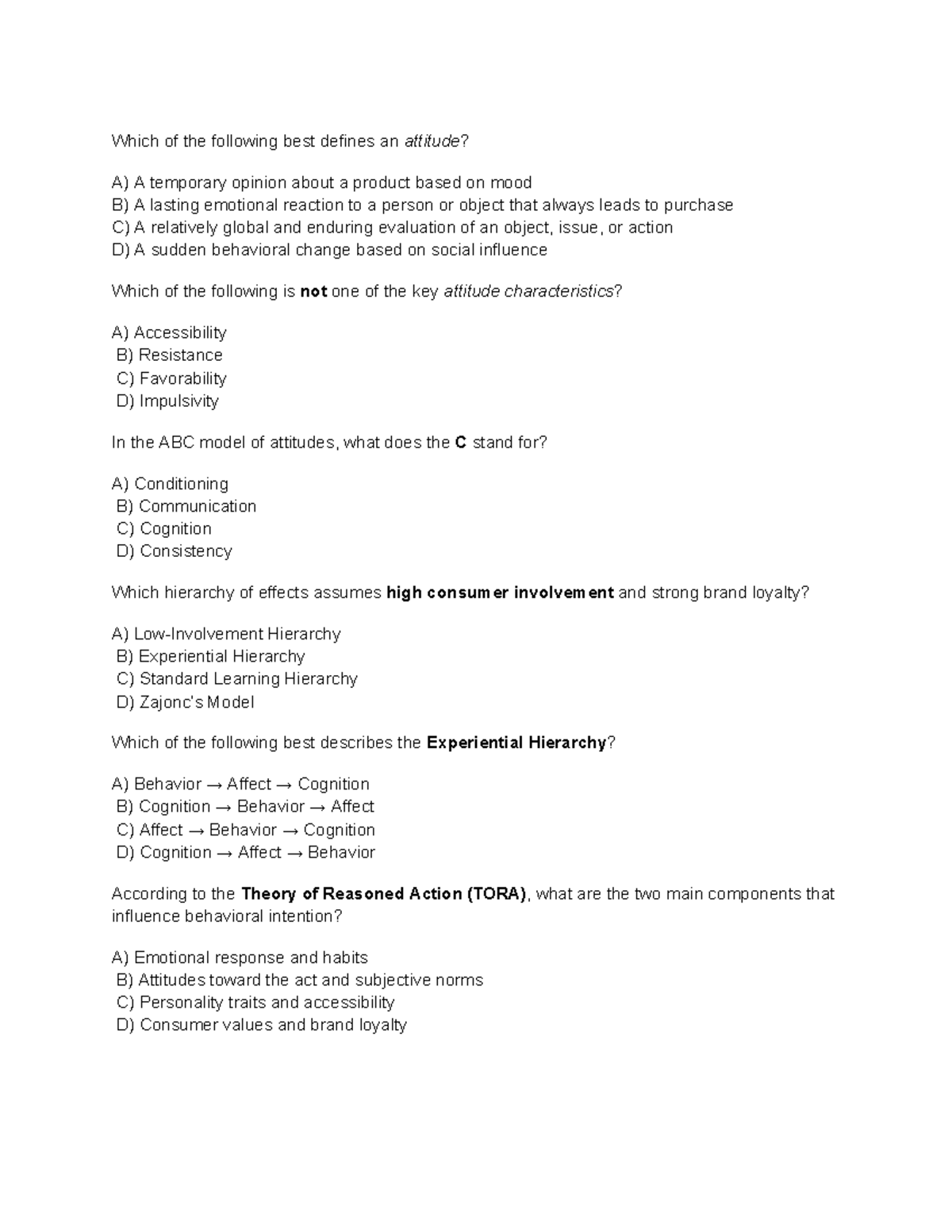 3321 Multiple Choice Questions on Attitudes and Consumer Behavior - Studocu