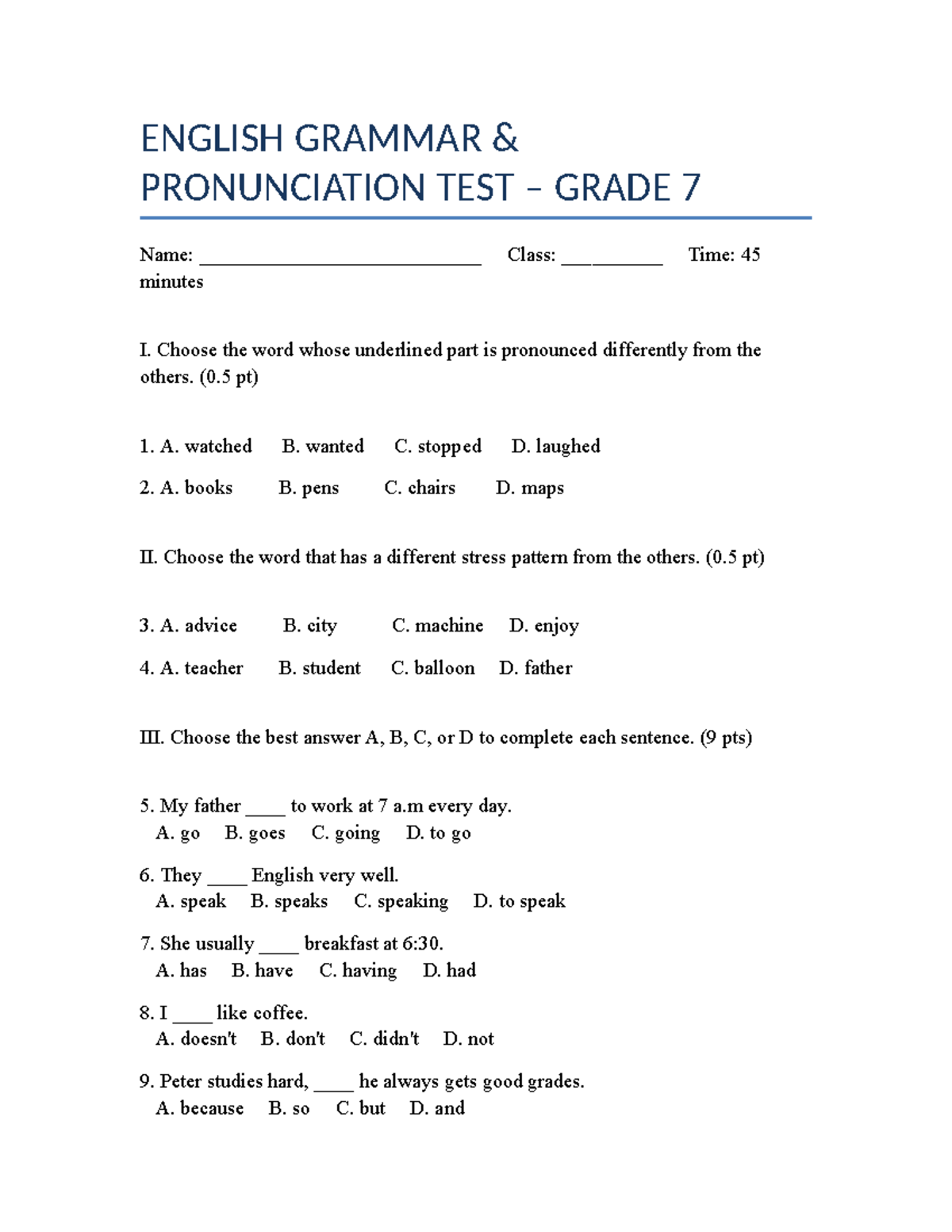 Grade 7 English Grammar Pronunciation Test - KTRA 7 - Studocu